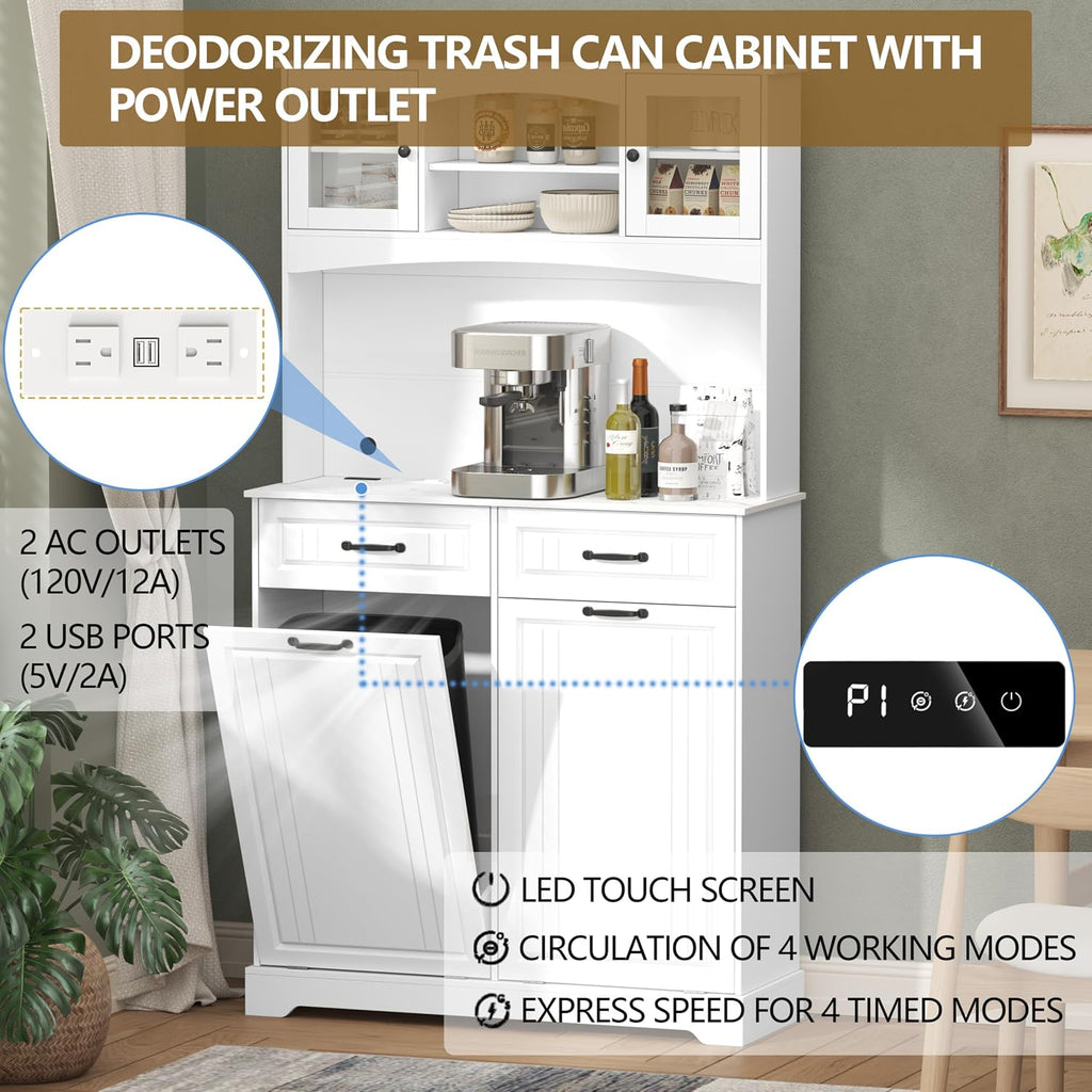 Double 13 Gallon Tilt Out Trash Can Cabinet with Deodorizing Function and Power Outlet, 71' Tall Wooden Garbage Can Holder Cabinet with 2 Storage Hutch & 2 Drawers for Kitchen and Dining Room, White