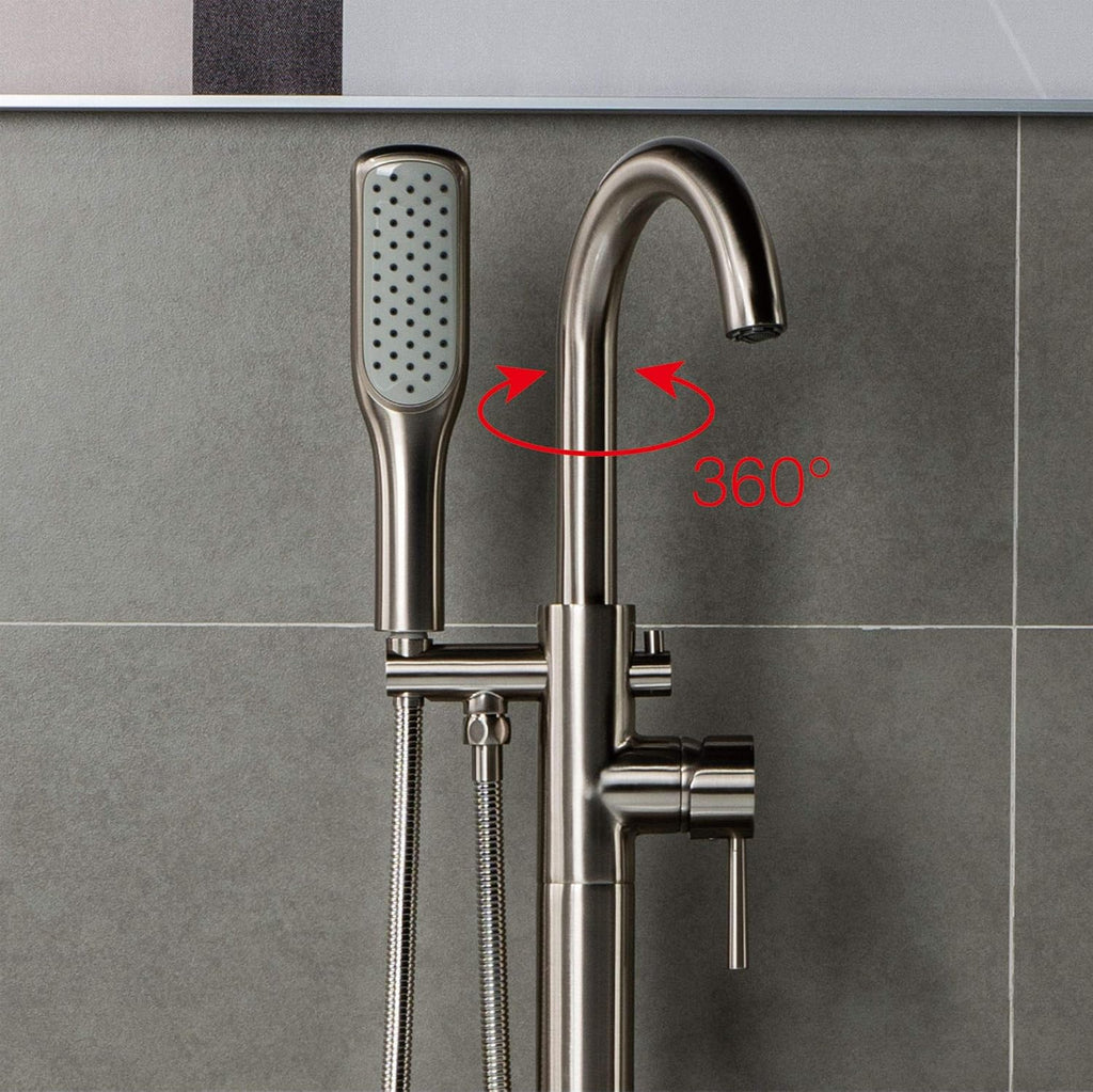 WOODBRIDGE 59' Freestanding White Acylic Soaking Bathtub with Drain Kit and Floor Mount Tub Filler, BTA1509-B/N-Drain &O +F0001BNSQ, With Brushed Nickel Drian