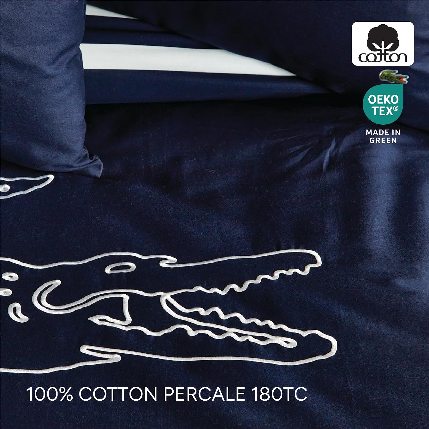Lacoste Big Croc Comforter Set – 100% Cotton Percale 180-Thread Count, Reversible Duvet & Pillow Shams, Soft Breathable, Iconic Croc Logo, Navy, Full/Queen