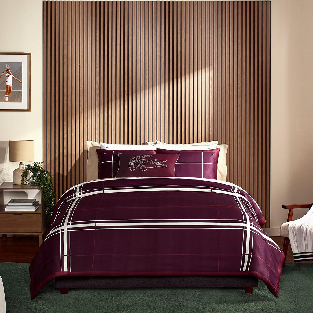 Lacoste Playful Checks Cotton Sateen 300-Thread Count Comforter Set – Medium Warmth, Oeko Tex Certified, Machine Washable, Burgundy, Full/Queen