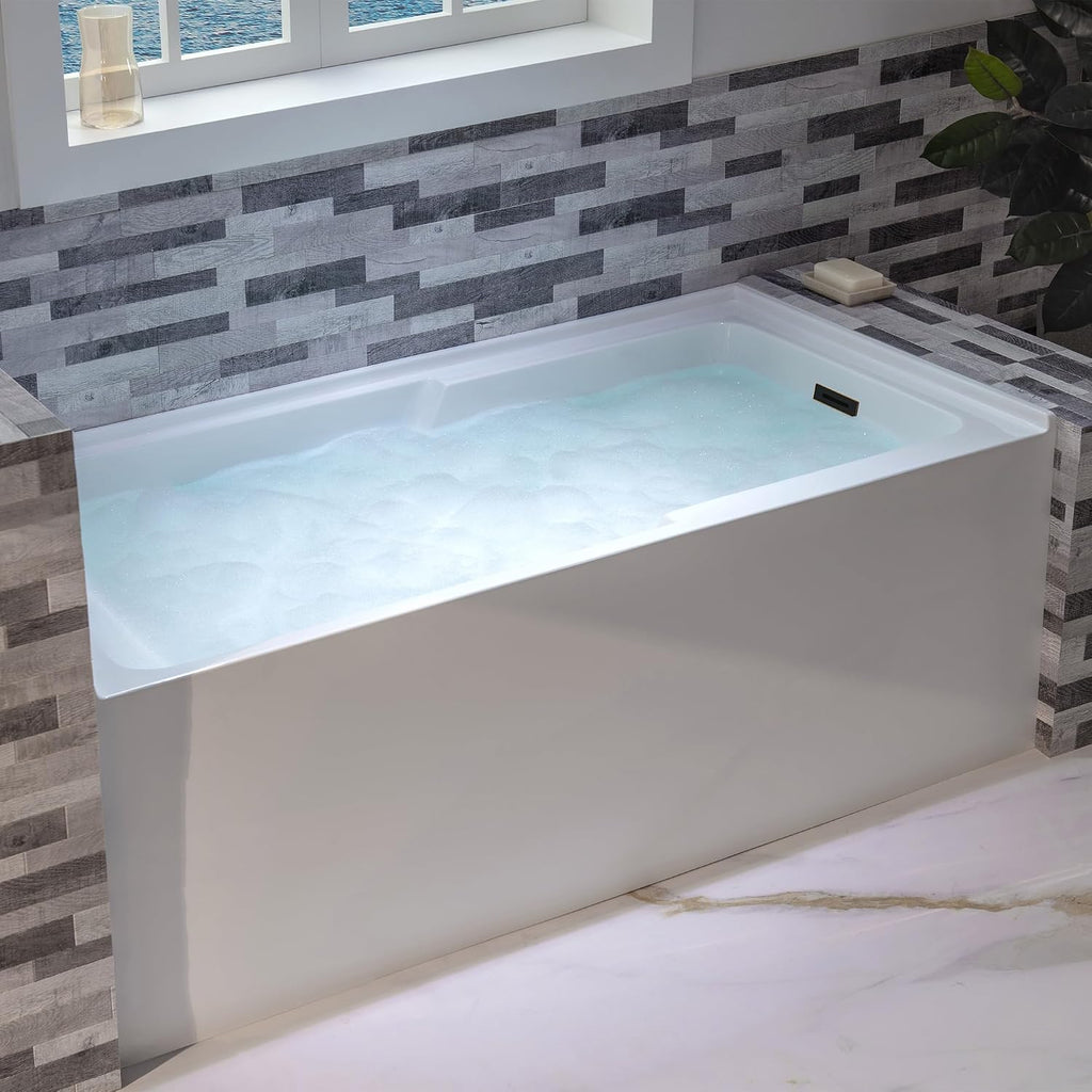 WOODBRIDGE 60' Acrylic Rectangular Alcove Soaking Bathtub in White with Right Drain, Oil Rubbed Bronze pop-UP Drain Included BA6030R