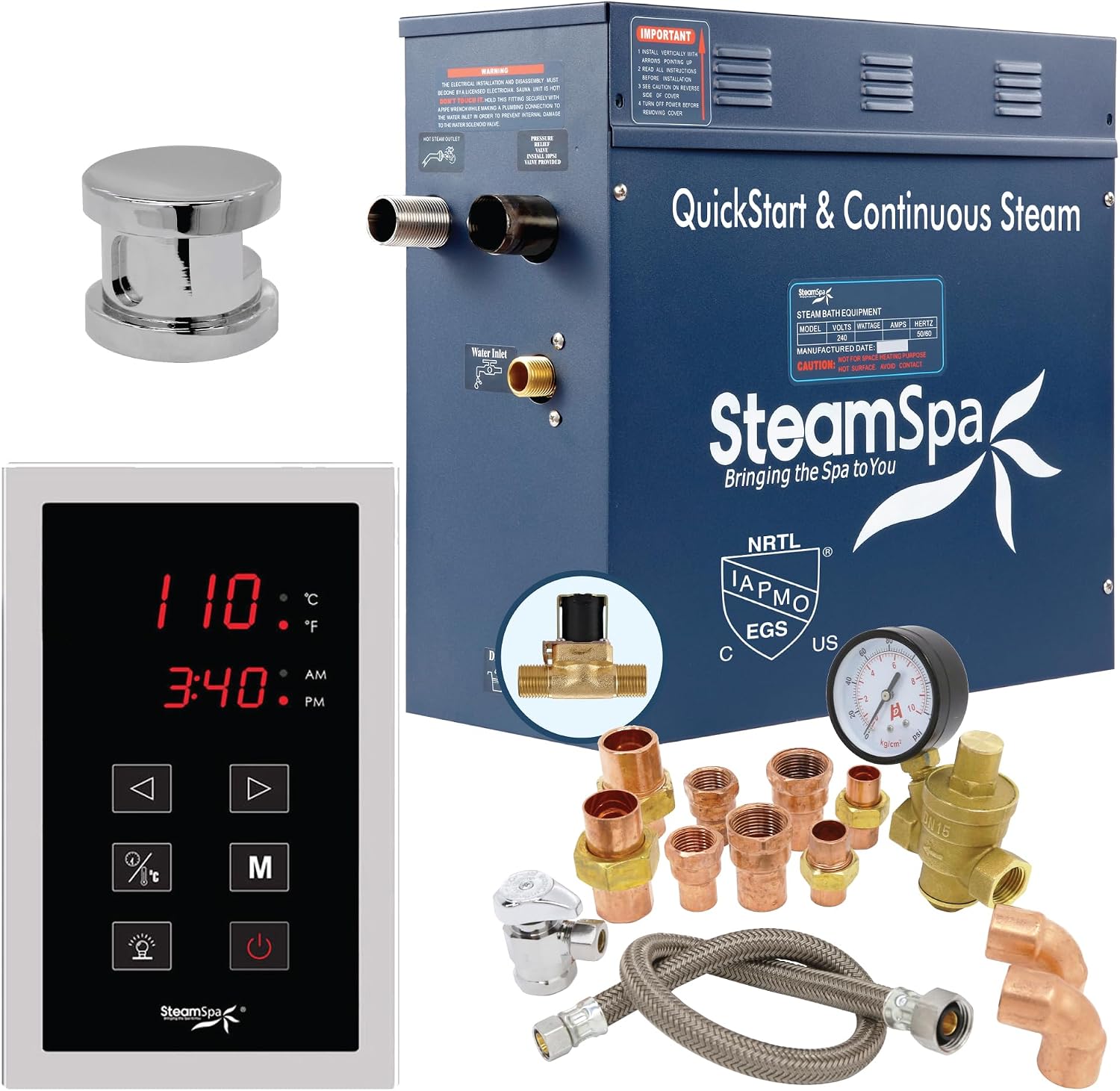 7.5kW Steam Sauna Generator Premium Bundle 240V Steam Generator with Touch Pad Control, Steamheads, Pressure Relief Valve, Built-in Auto Drain and Plumber Quick Install Kit PRT750CH-A