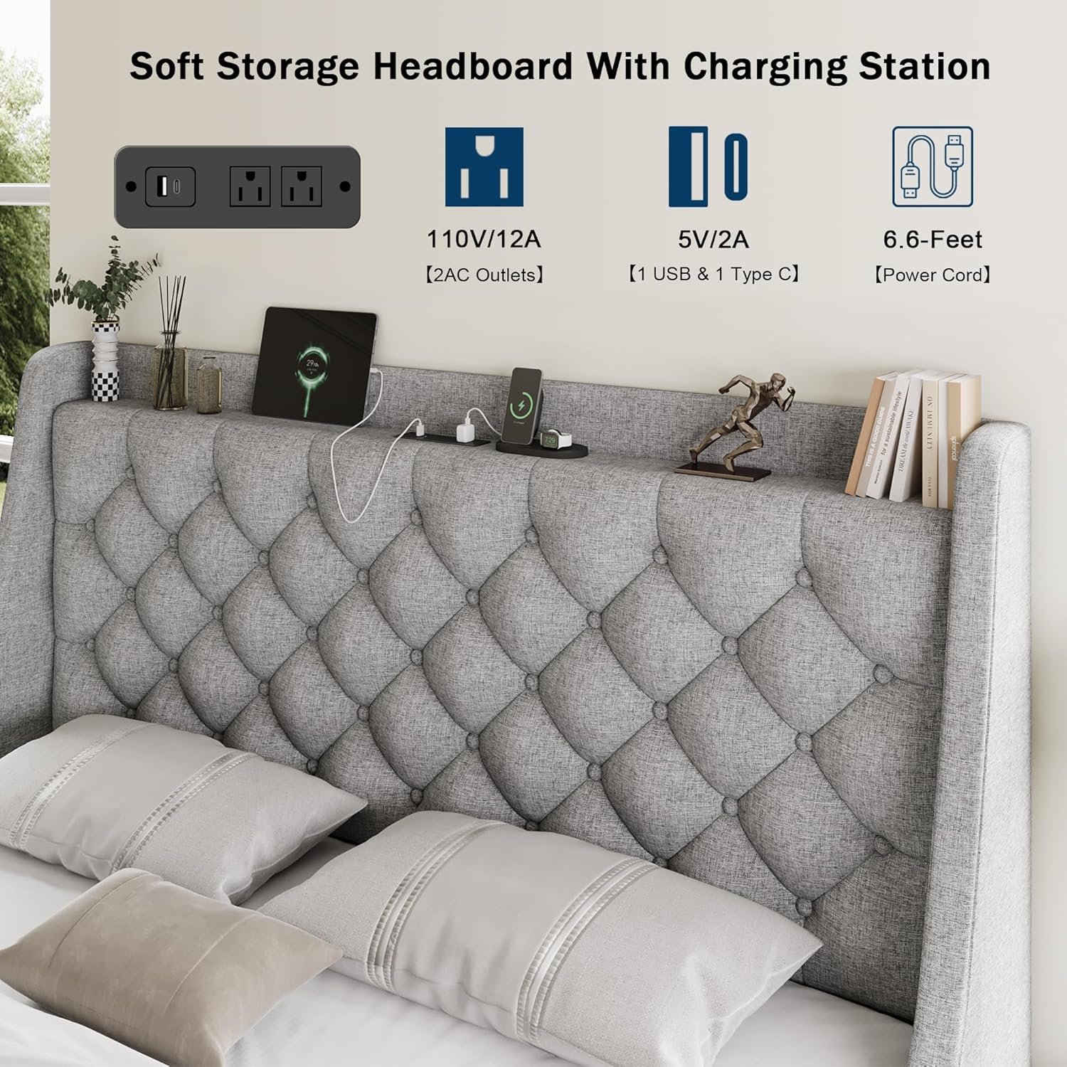 GalnFu Full Size Bed Frame with 4 Storage Drawers, Giant Upholstered Wingback Headboard, Fast Charging Station, No Box Spring Needed, Noise-Free, Light Gray
