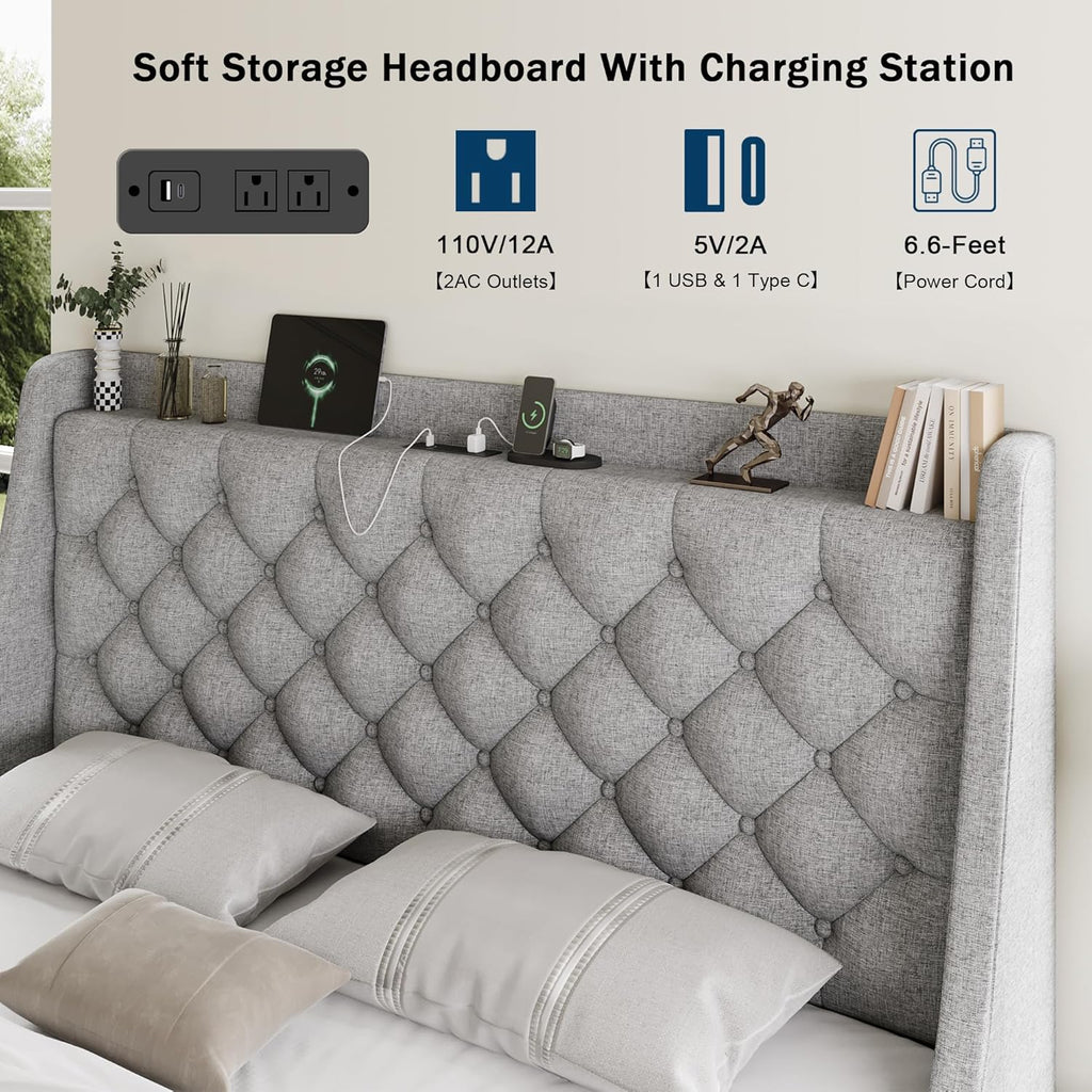 GalnFu Queen Bed Frame with 4 Storage Drawers, Giant Upholstered Wingback Headboard, Fast Charging Station, No Box Spring Needed, Noise-Free, Light Gray