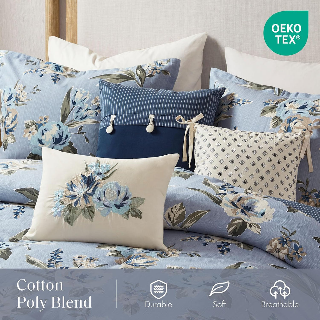 Madison Park Vintage Floral Reversible Comforters Set Queen Size Bed, All Season, Down Alternative Bedding Comforter, Bedskirt, Pillows, Shams, Blue 7 Piece