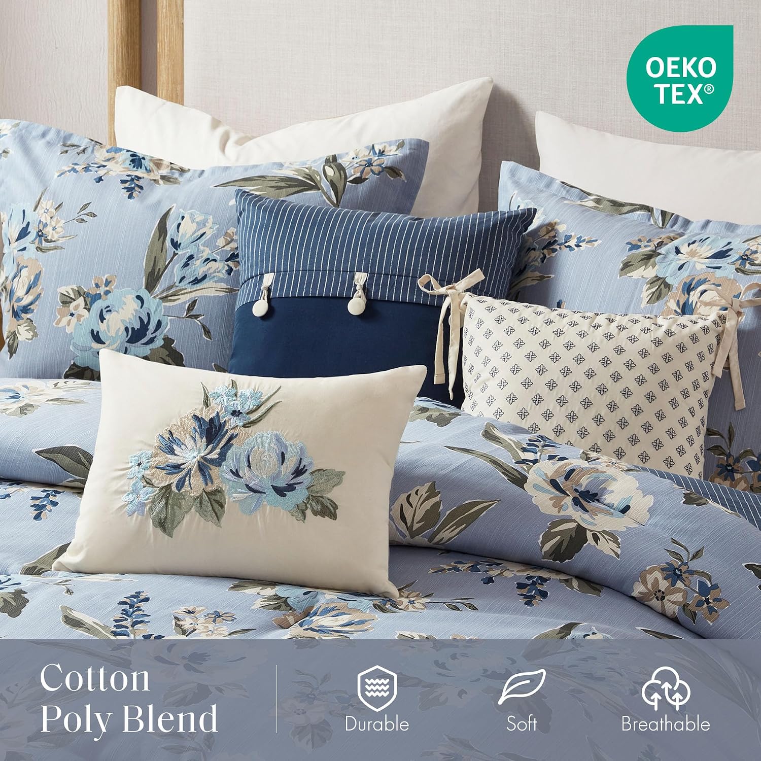 Madison Park Vintage Floral Reversible Comforters Set Queen Size Bed, All Season, Down Alternative Bedding Comforter, Bedskirt, Pillows, Shams, Blue 7 Piece