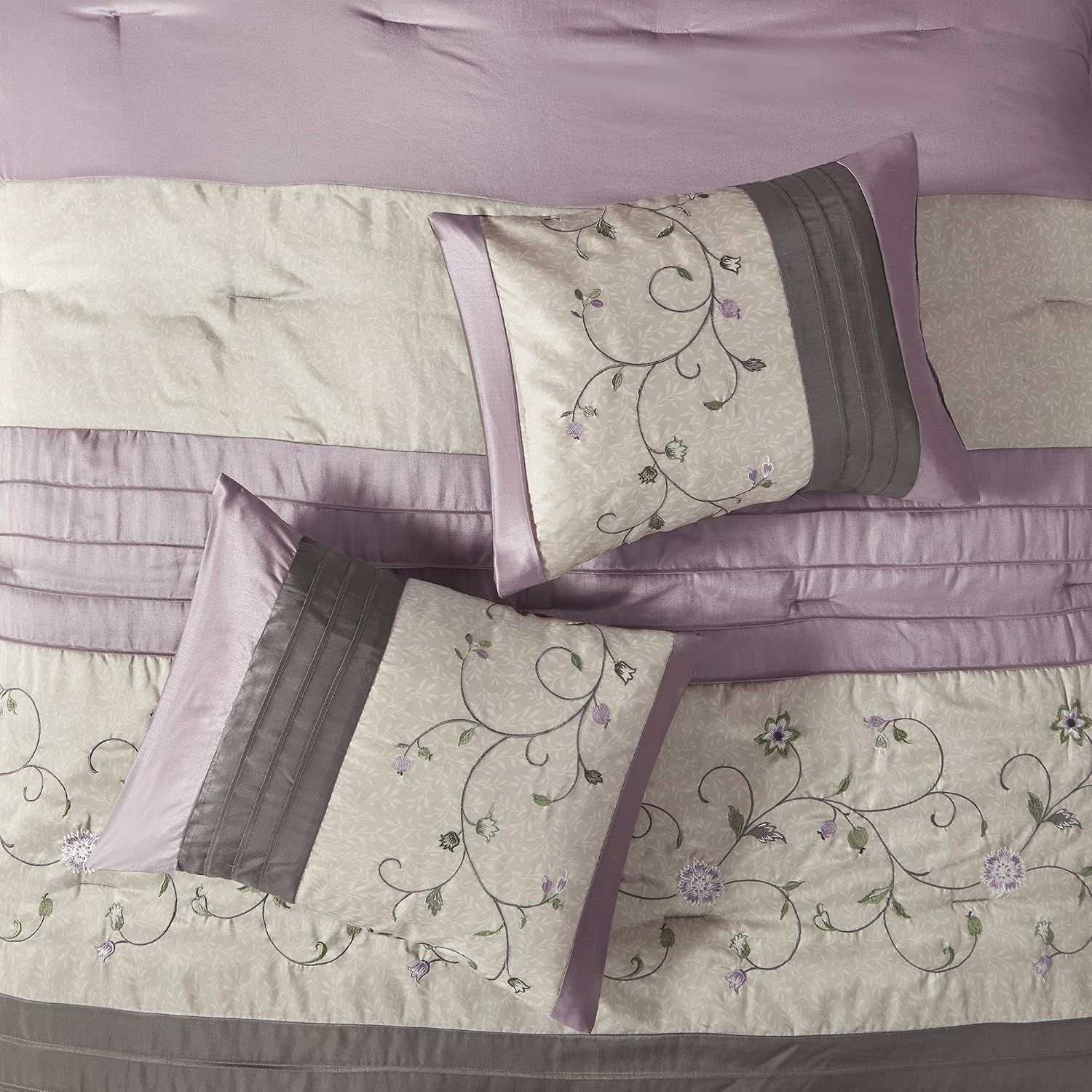 Madison Park Serene Faux Silk Comforter Set - Floral Embroidery Design, All Season Bedding Set, Matching Bed Skirt, Decorative Pillows, Purple Queen(90'x90') 7 Piece