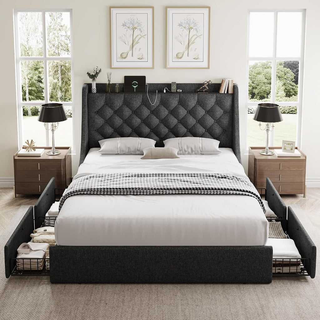 GalnFu Full Size Bed Frame with 4 Storage Drawers, Giant Upholstered Wingback Headboard, Fast Charging Station, No Box Spring Needed, Noise-Free, Dark Grey