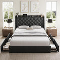 GalnFu Full Size Bed Frame with 4 Storage Drawers, Giant Upholstered Wingback Headboard, Fast Charging Station, No Box Spring Needed, Noise-Free, Dark Grey