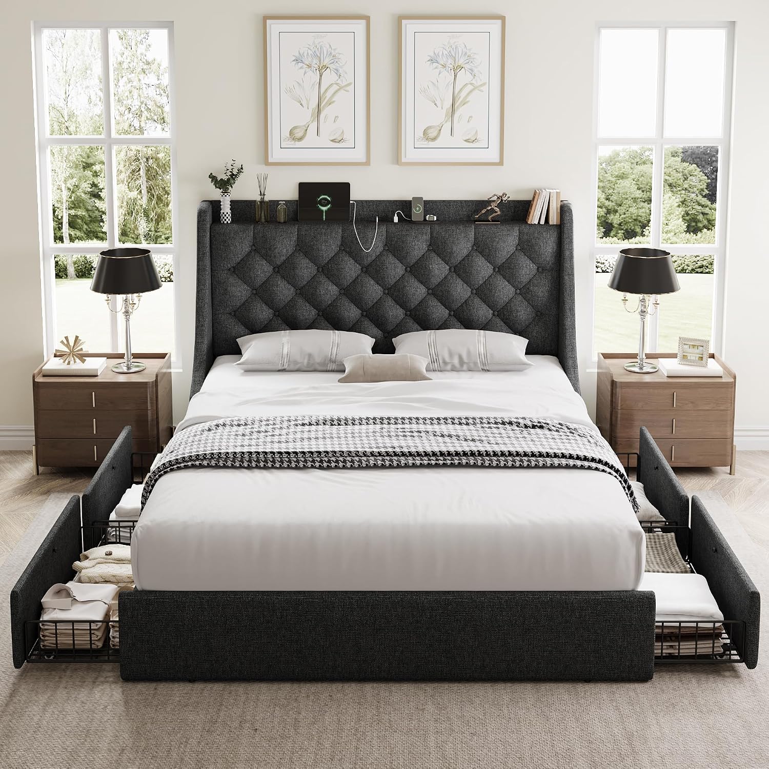GalnFu Full Size Bed Frame with 4 Storage Drawers, Giant Upholstered Wingback Headboard, Fast Charging Station, No Box Spring Needed, Noise-Free, Dark Grey