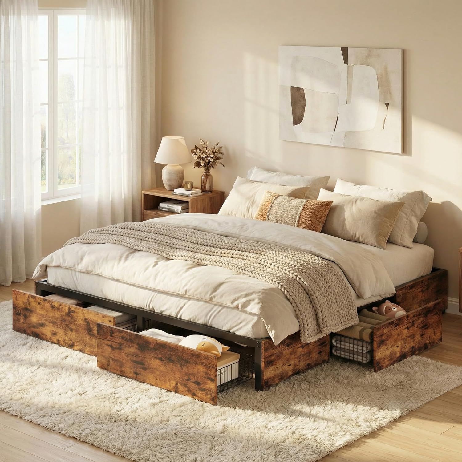 LIKIMIO King Bed Frame with Storage, 4 Drawers and Heavy Strong Metal Support Frames, Solid Stable, No Box Spring Needed, Noise-Free, Easy Assembly, Industrial Brown