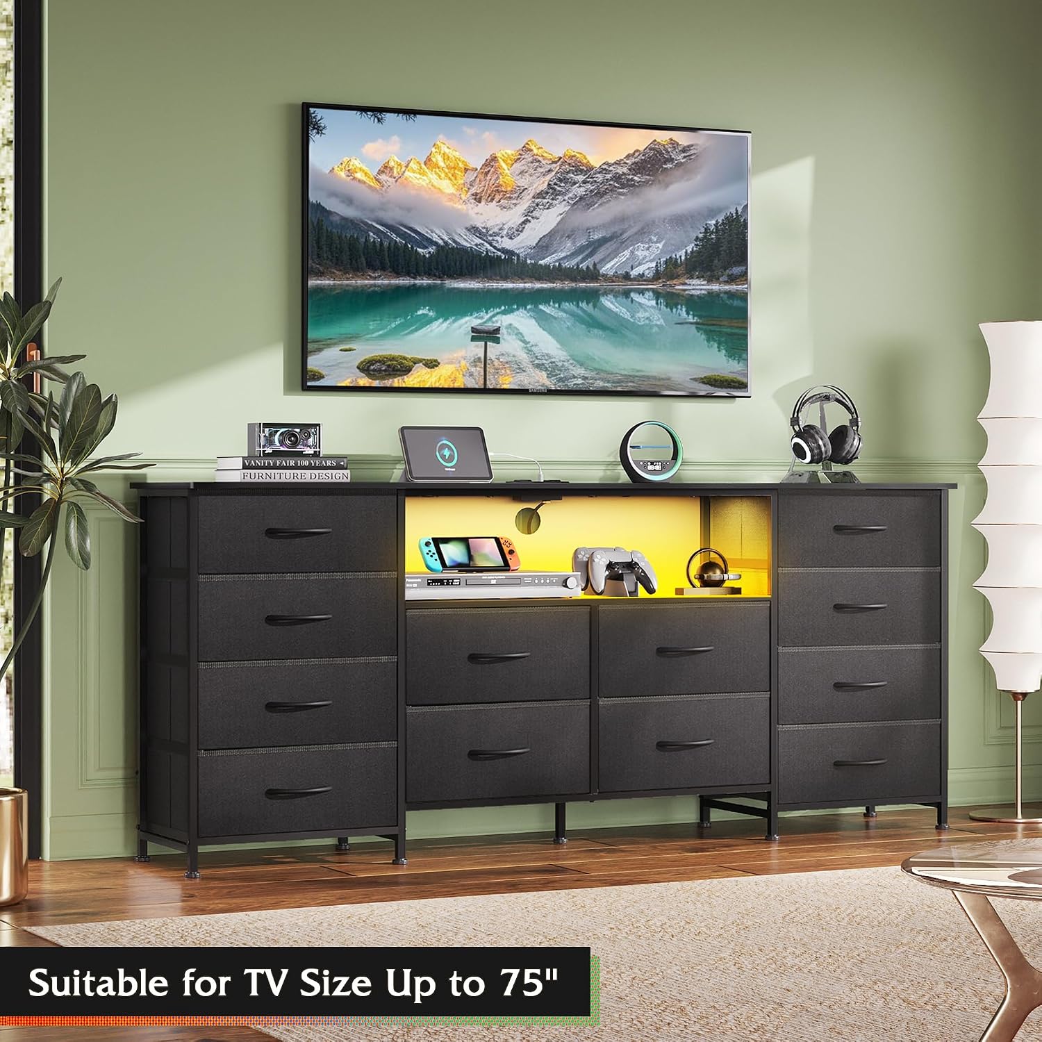WLIVE 12 Drawer Dresser for Bedroom, Black Dresser TV Stand for 65, 70, 75 inch TV with Led Light & Charging Station, Wide Chest of Drawers with Open Shelves, Fabric Dressers for Closet, Living Room