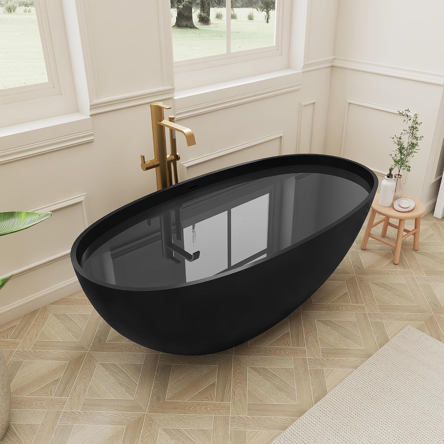 SJ STAR&JANE 61' Solid Surface Freestanding Bathtub, Matte Black Oval Soaking Stone Resin Tub with Overflow and Pop-up Drain for Modern Bathrooms