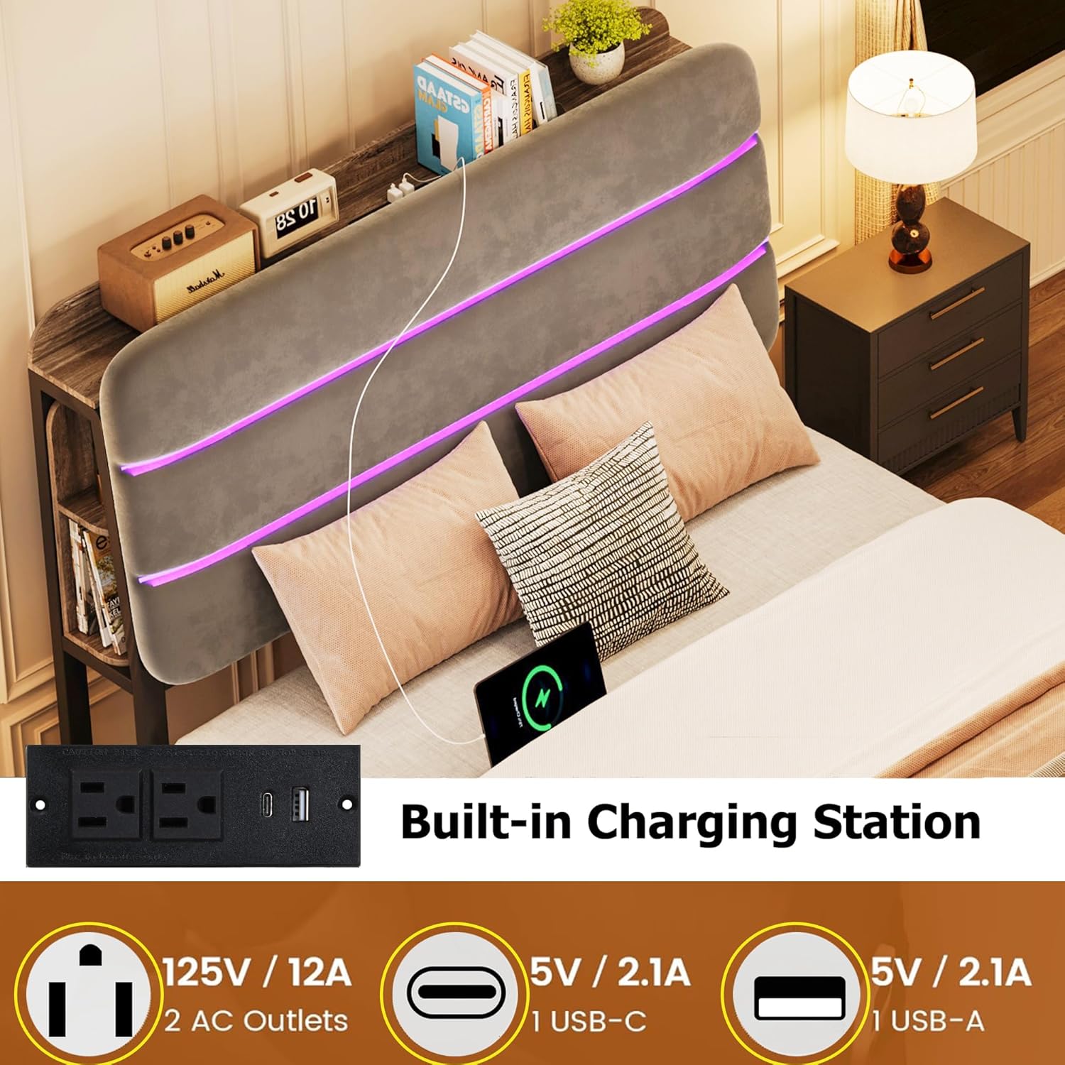 Ailisite Twin Size Bed Frame with Drawer and Ergonomic Storage Headboard,Slide Out Headboard Storage,Twin Bed with Charging Station & LED Lights,Wood Slats Support, No Box Spring Needed,Grey