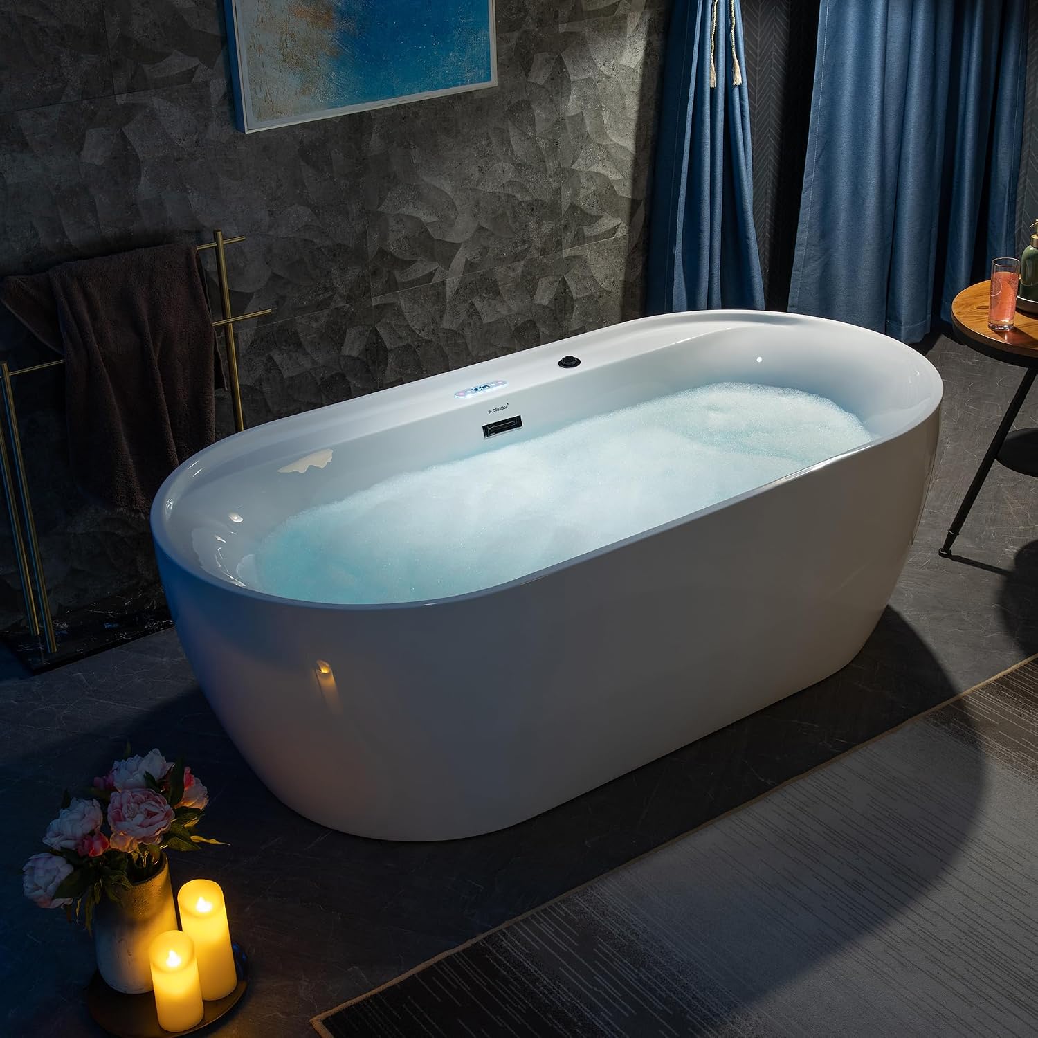 WOODBRIDGE 72' x 35-3/8' Whirlpool and Air Bath Heated Soaking Combination Tub with Adjustable Speed Air Blower and Display Control Panel, Matte Black Finish Trim and Drain Kit,BM-500