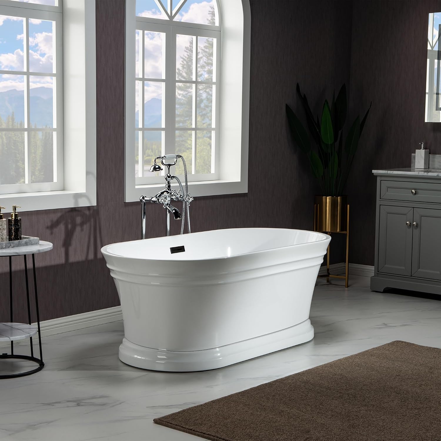 WOODBRIDGE 59'Freestanding White Acylic Soaking Bathtub with Matte Black Drain and Overflow,B1536-MB