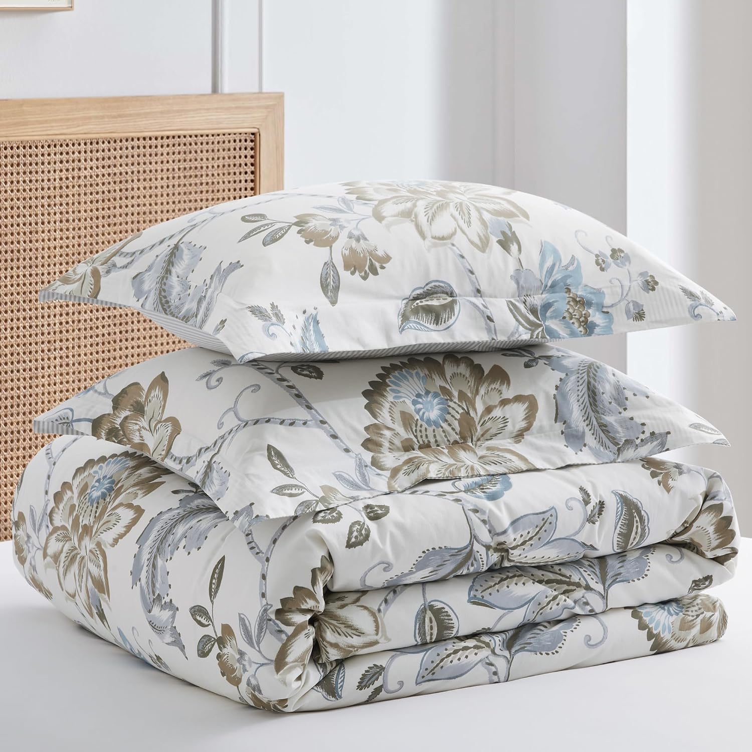 Levtex Home - Maileen Neutral Blue Comforter Set - Full/Queen Comforter (90x94in) and 2 Standard Shams (20x26in) - Floral Vine Design - Neutral Tones - Cotton with Polyester Fill | Reversible