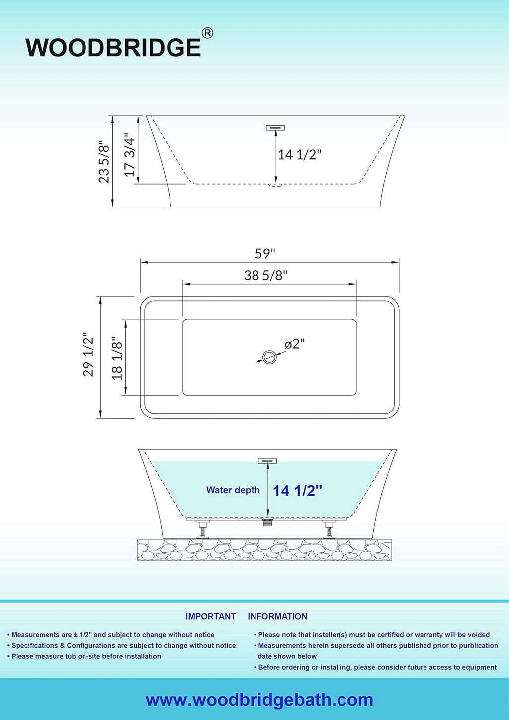 WOODBRIDGE 59' Acrylic Freestanding Bathtub Contemporary Soaking White Tub with Brushed Nickel Overflow and Drain，BTA1509 -B/N-Drain &O