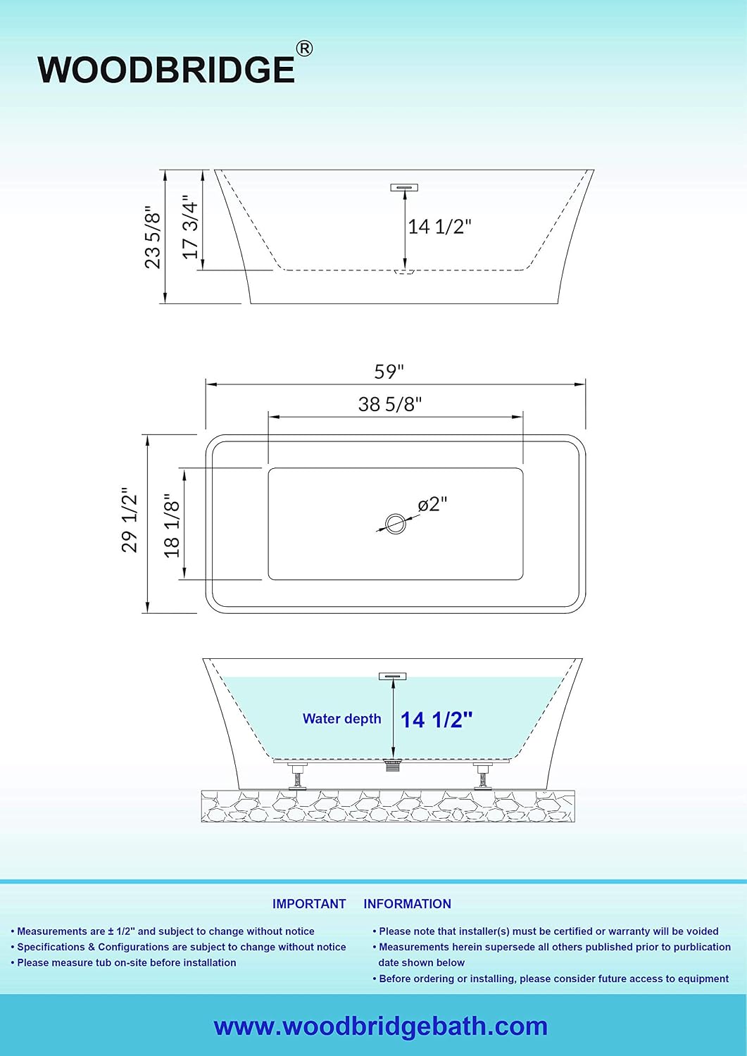WOODBRIDGE 59' Acrylic Freestanding Bathtub Contemporary Soaking White Tub with Brushed Gold Overflow and Drain，BTA1509 -BG-Drain &O