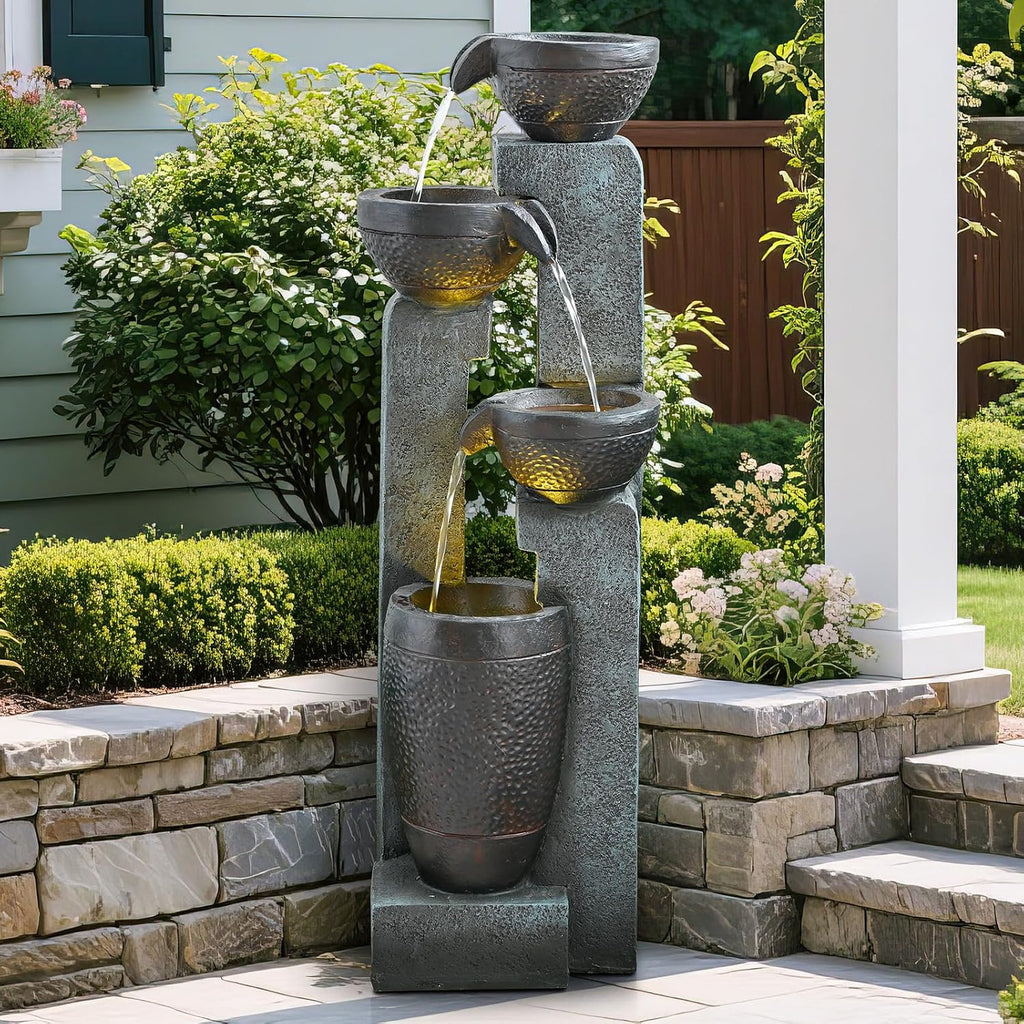 40' Inch Water Fountain Outdoor&Indoor 4-Tiers Large Outdoor Patio Decor Gray Garden Water Fountain for Outside Waterfall with LED Light&Pump Resin Modern Floor-Standing Water Feature Outdoor