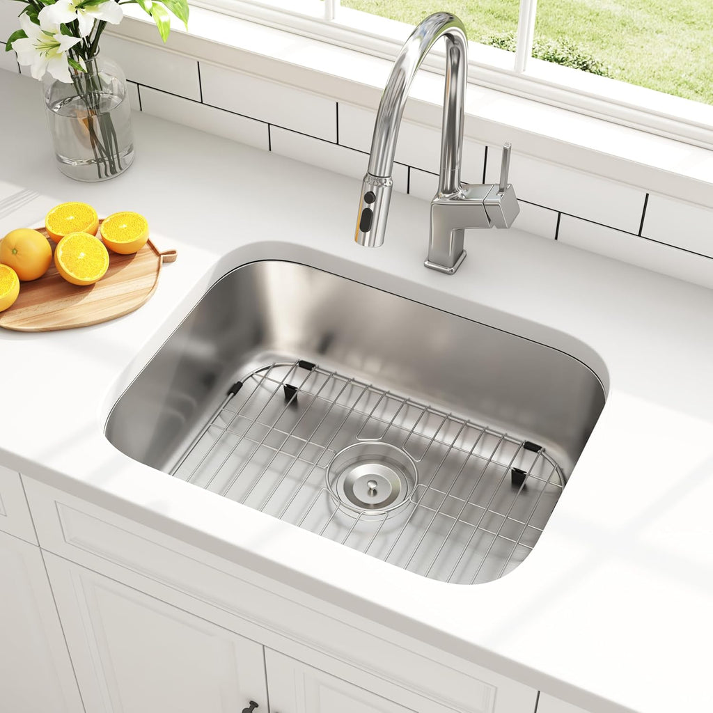 23 Inch Undermount Kitchen Sink 18 Gauge Stainless Steel Single Bowl Commercial Grade Satin Finish Bar Prep Sinks with Basket Strainer and Protected Grid 23' x 18' x 9'