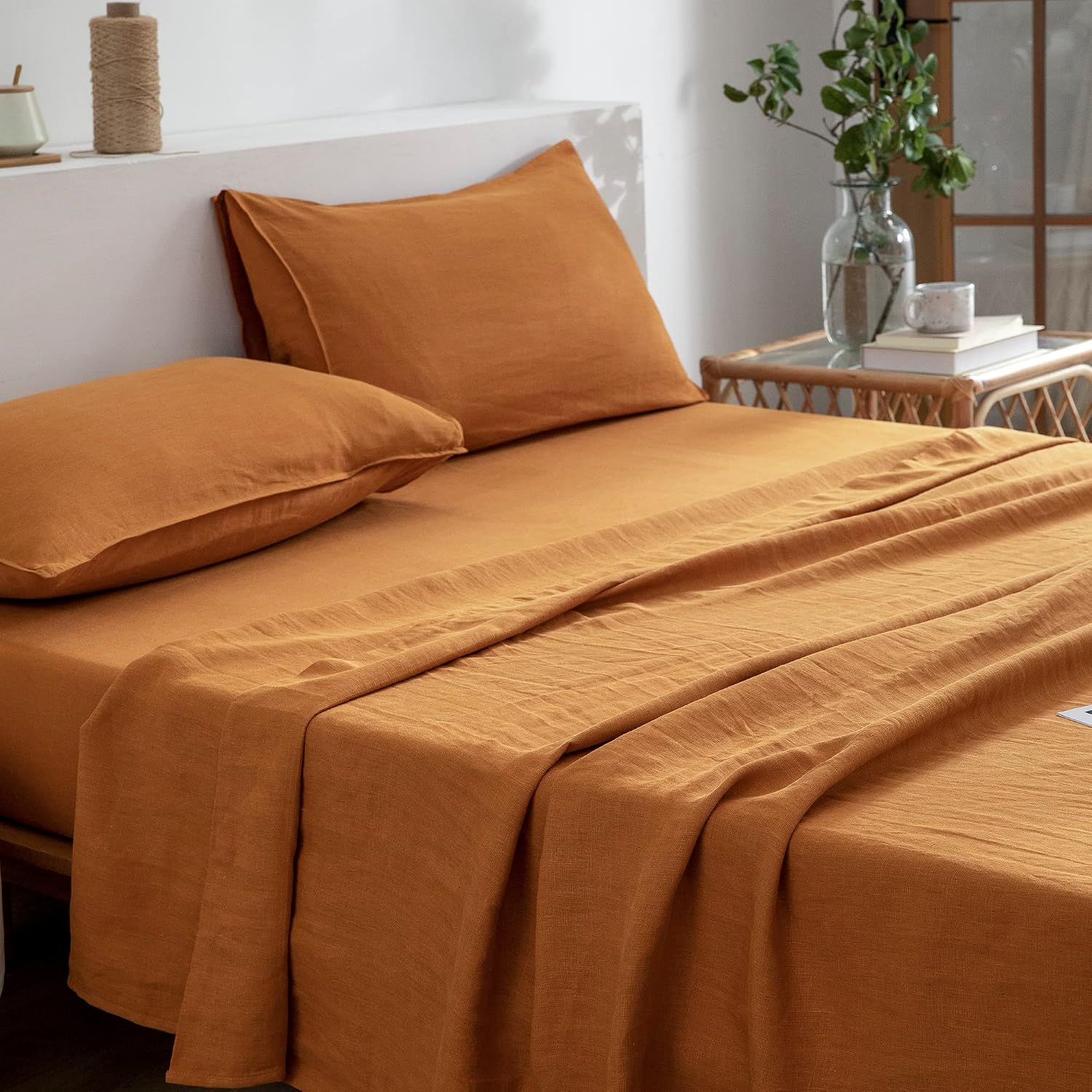 EVERLY Linen Sheets Set Queen Size,100% French Stonewash Pure Linen Sheets Set,4Pieces (1Flat Sheet,1Fitted Sheet,2Pillowcase) Suitable for Hot Sleepers,Deep Pocket Natural Bedding Set-Caramel-Queen
