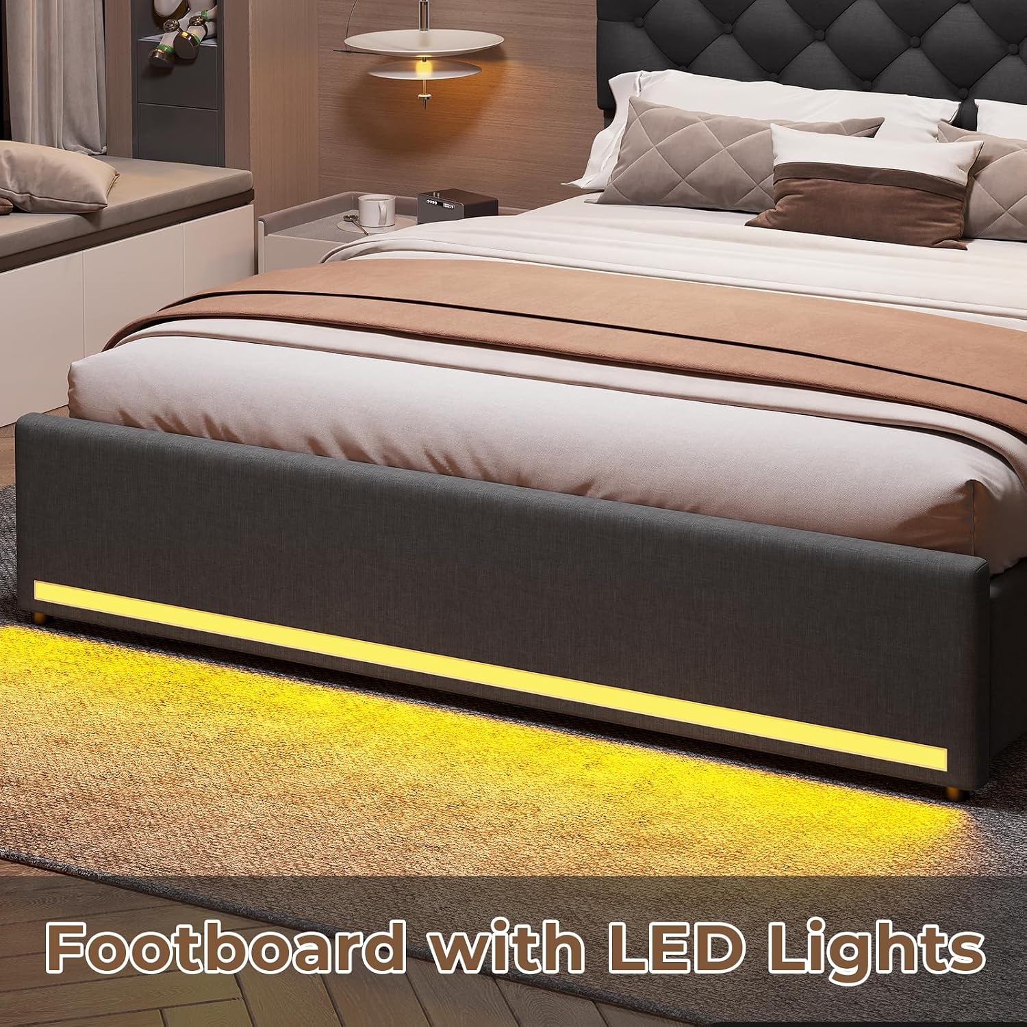 HAUOMS Queen Bed Frame with Hidden Storage Headboard and 4 Drawers, Upholstered Platform Bed Frme Queen Size with LED Lights & Charging Station, No Box Spring Needed, Noise-Free, Dark Grey