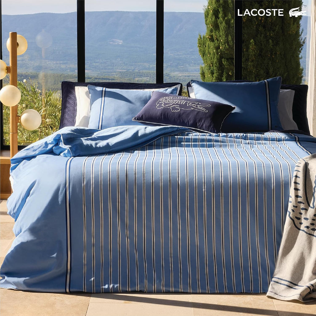 Lacoste Hollis Stripe Comforter Set, 100% Cotton Brushed Twill, Reversible Duvet with Pillow Shams, Soft & Fluffy Hotel-Style Bedding, Blue, Full/Queen