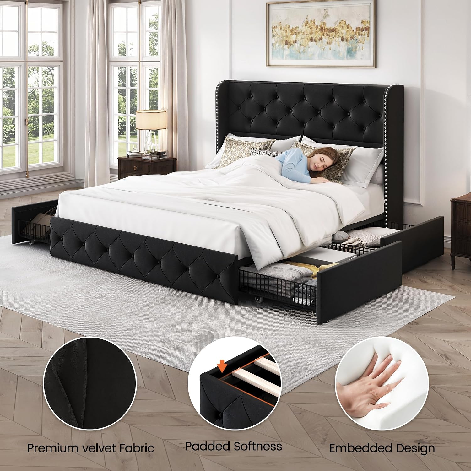 LARMACE Full Size Bed Frame with 4 Storage Drawers and Wingback Headboard Velvet Upholstered Platform Bed Frame Tufted Beds with Wooden Slats Support, Easy Assembly, Black