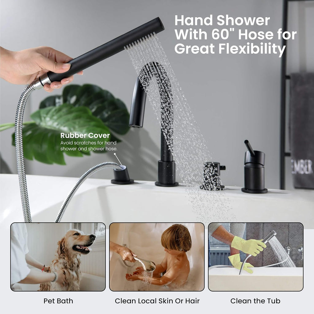 KIBI Circular Single Handle Roman Tub Faucet with Hand Shower | Deck Mounted Bathtub Faucet Set with Diverter | Durable Solid Brass Construction, Smooth Water Flow Control | Matte Black, KTF3101