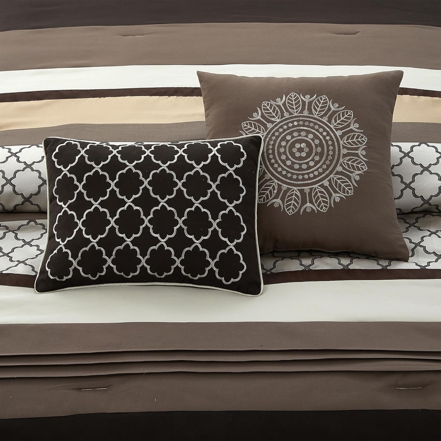 LANCO MODERN LIFESTYLE Queen Comforter Set, Brown Bedding Set, Jacquard Woven with Geometry, 16 Pieces Room in a Bag, Sheets, Bedskirt, Pillow Shams and Cases, Decorative Pillows and Curtains