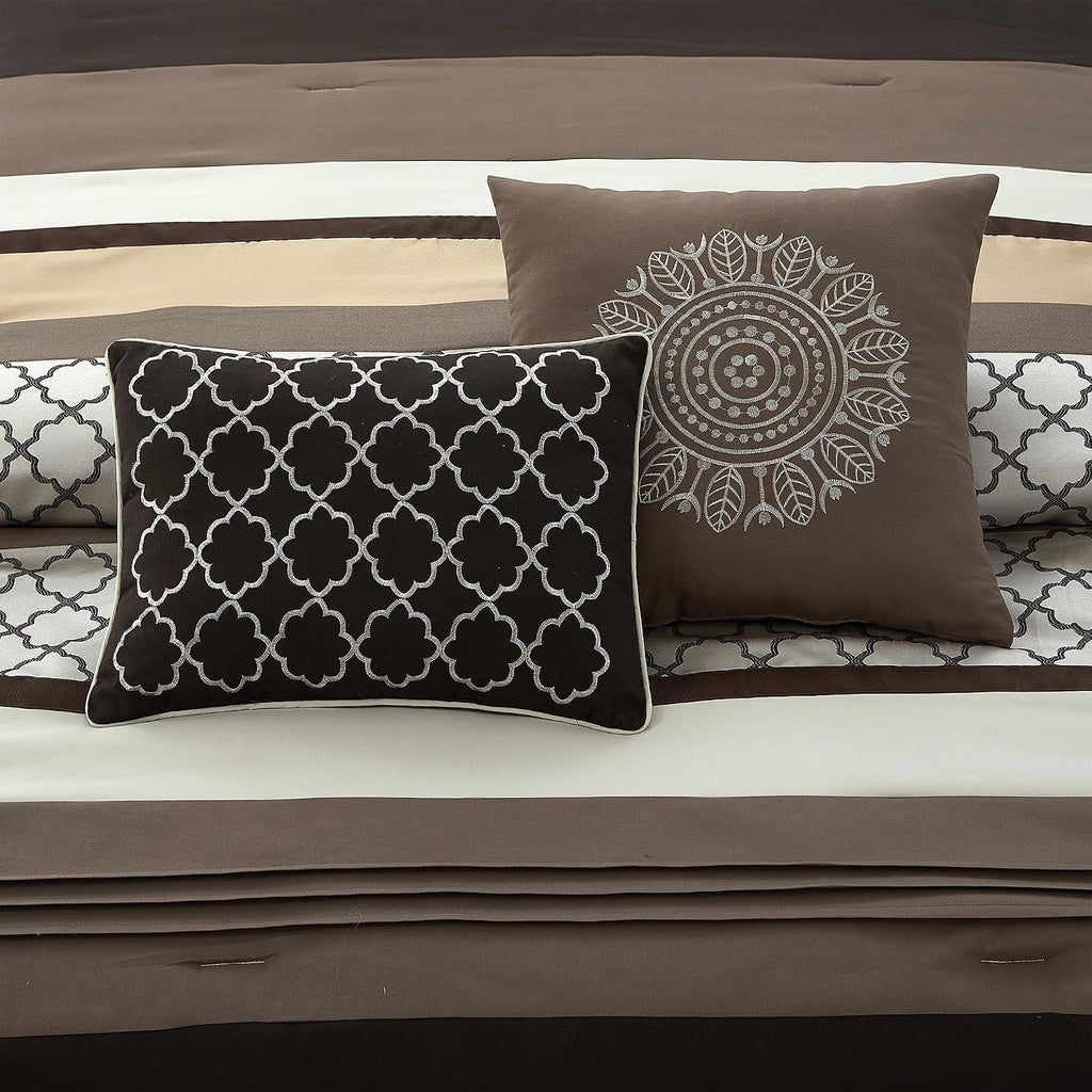 LANCO MODERN LIFESTYLE California King Comforter Set, Brown Bedding Set, Jacquard Woven with Geometry, 16 Pieces Room in a Bag, Sheets, Bedskirt, Pillow Shams and Cases, Decor Pillows and Curtains