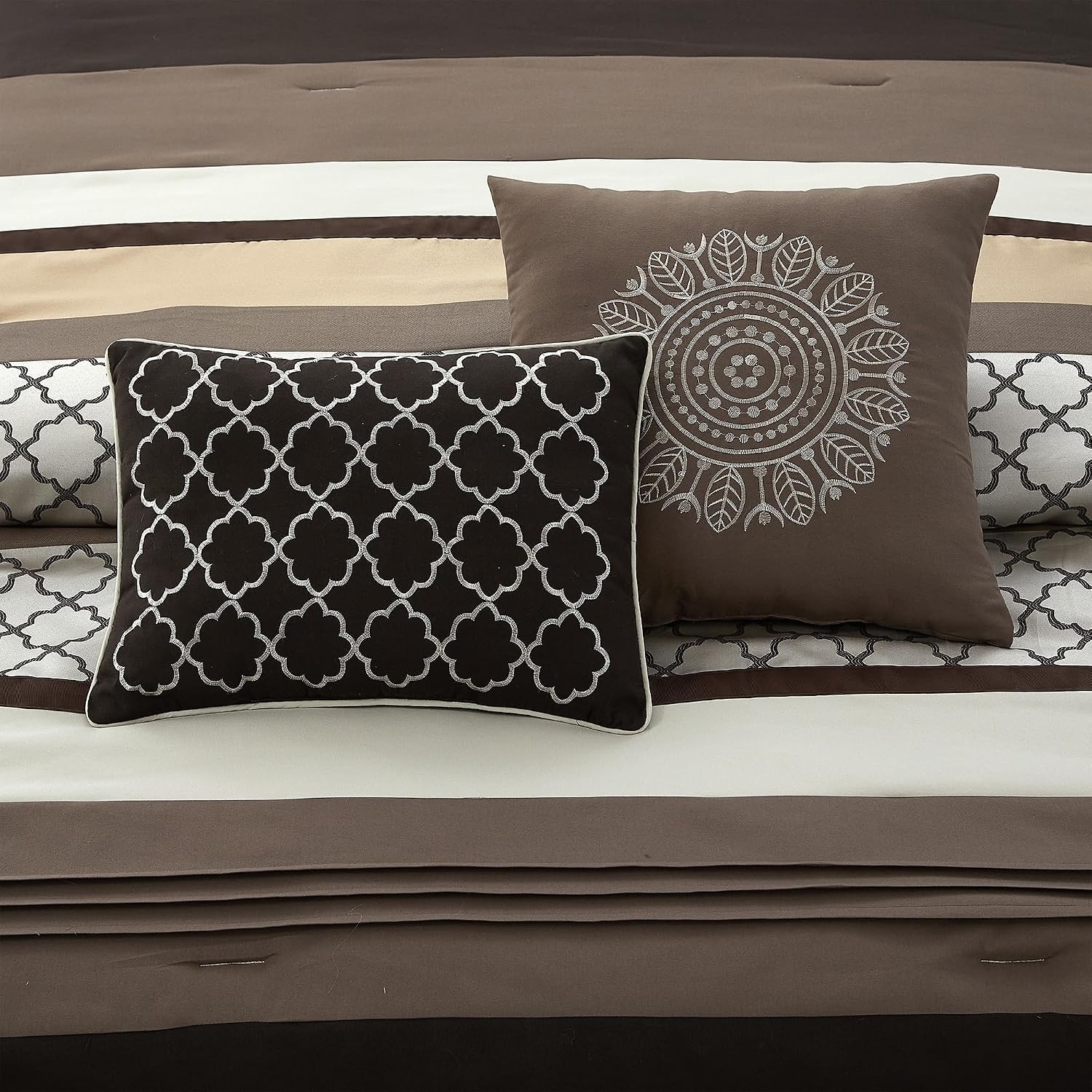 LANCO MODERN LIFESTYLE California King Comforter Set, Brown Bedding Set, Jacquard Woven with Geometry, 16 Pieces Room in a Bag, Sheets, Bedskirt, Pillow Shams and Cases, Decor Pillows and Curtains
