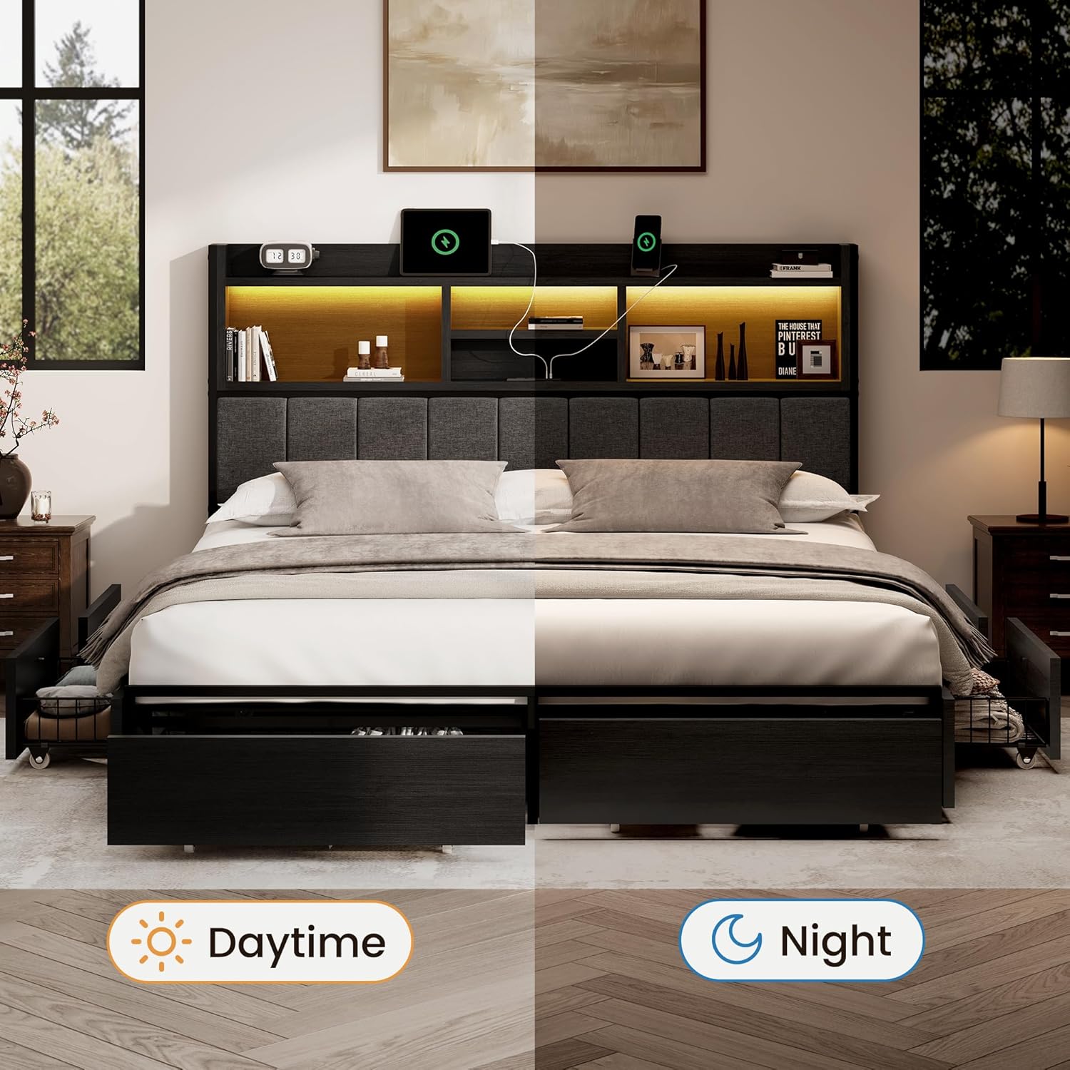 BRELTAM Queen Bed Frame with 6 Storage Drawers, Linen Upholstered Headboard, Built-in USB Charging Station & LED Lighting, Silent Metal Support, No Box Spring Needed, Vintage Black