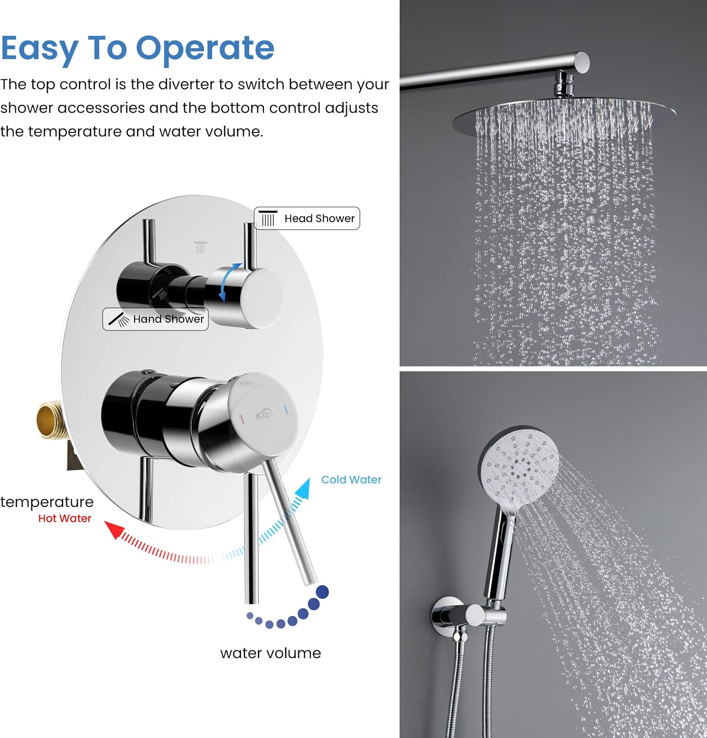 KIBI 2-Function Wall Mounted Circular Bathroom Shower System | Solid Brass Pressure Balanced Valve Shower Faucet Set with High Flow Showerhead and Handheld Spray for Bathroom (Chrome, KSF403)