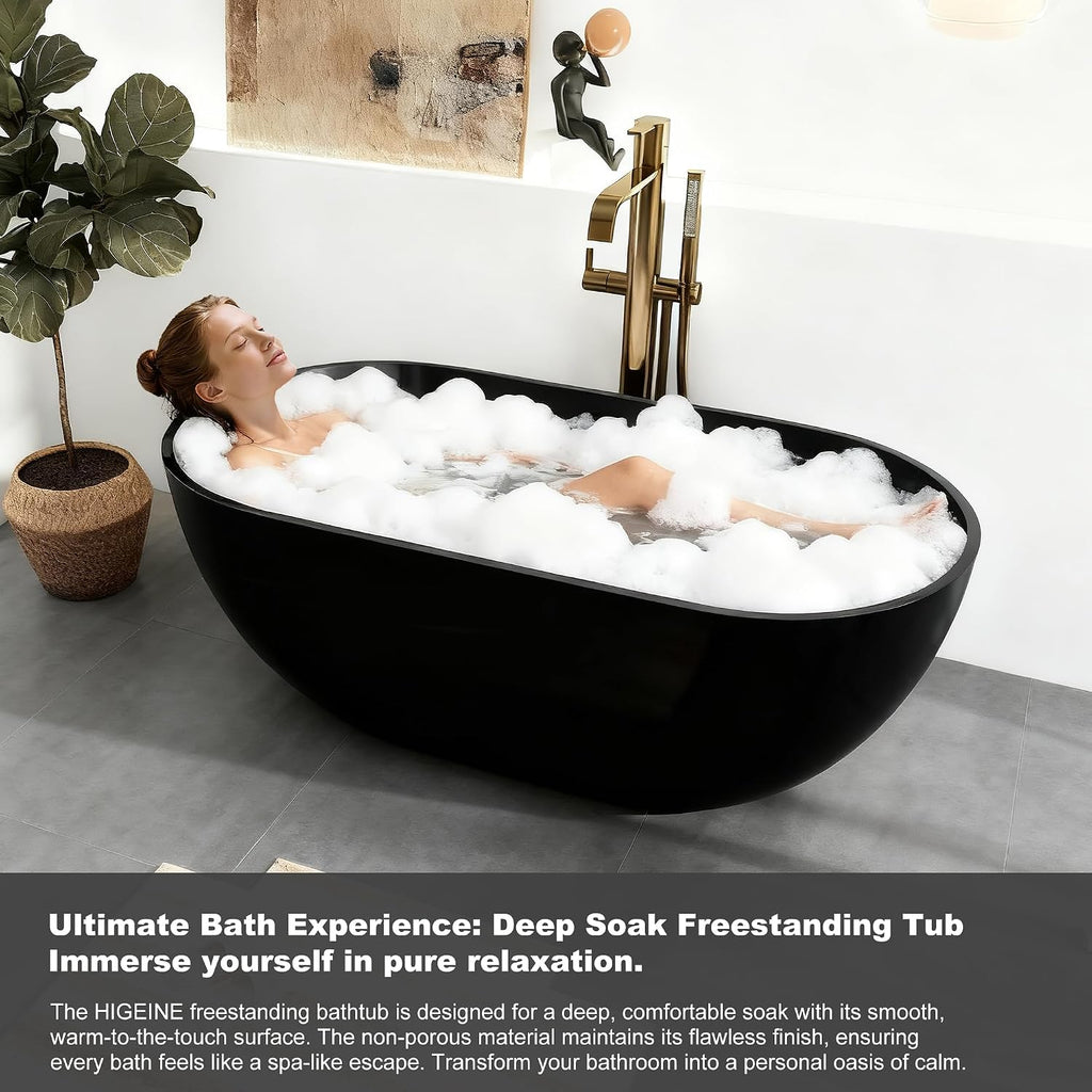 59' Premium Matte Black Solid Surface Freestanding Bathtub, Modern Design Stone Resin Bath Tub with Overflow and Pop-up Drain
