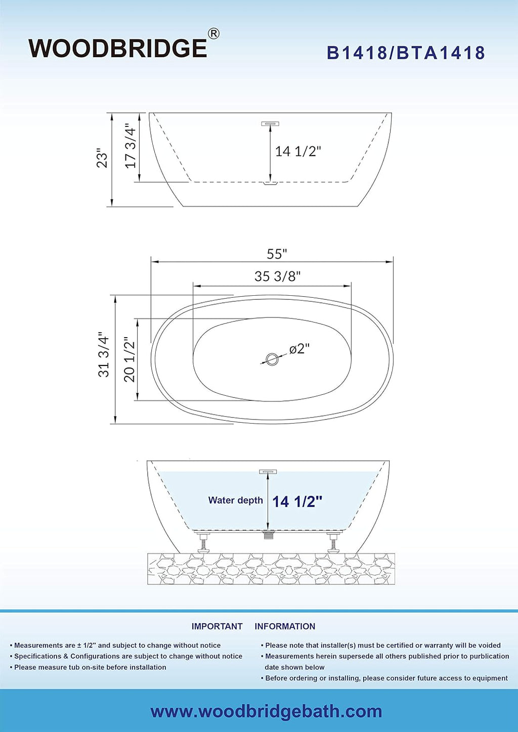 WOODBRIDGE 55' Acrylic Freestanding Bathtub Contemporary Soaking White Tub with Chrome Overflow and Drain，B1418 -C-Drain &O