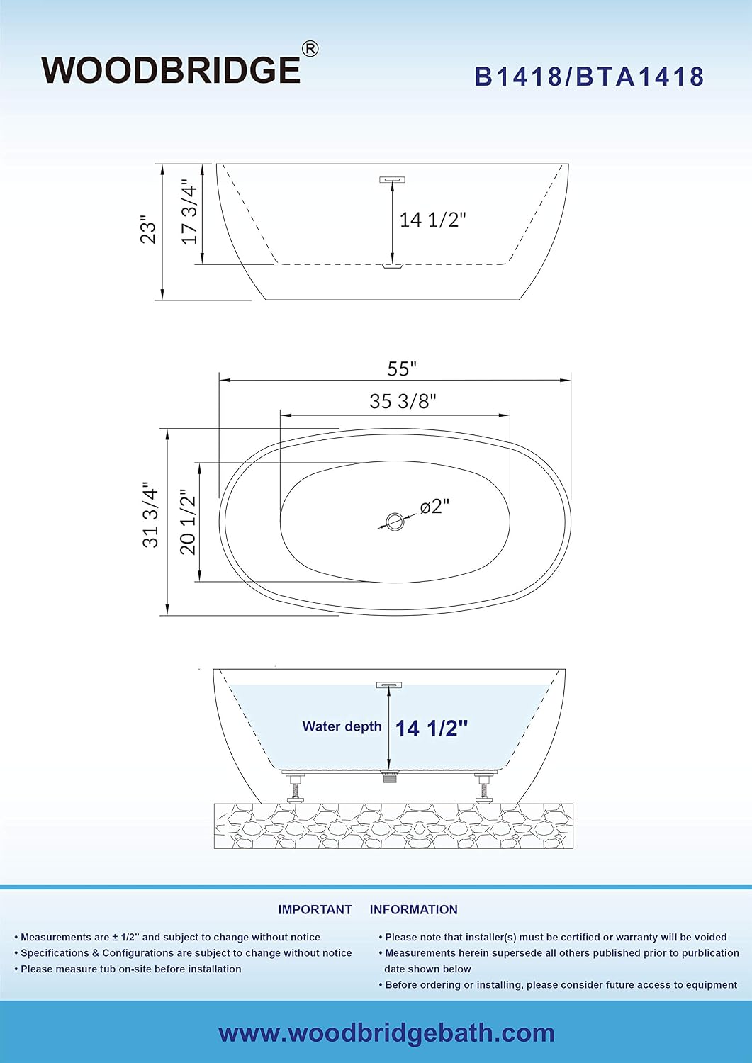 WOODBRIDGE 55' Acrylic Freestanding Bathtub Contemporary Soaking White Tub with Chrome Overflow and Drain，B1418 -C-Drain &O