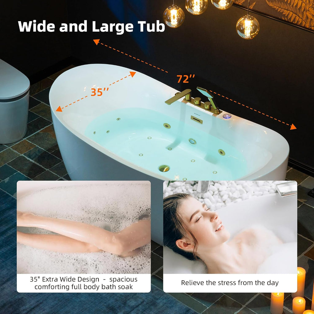 WOODBRIDGE 72' x 35-3/8' Whirlpool and Air Bath Heated Soaking Combination Tub with Adjustable Speed Air Blower and Display Control Panel, Brushed Gold Finish Trim and Drain Kit, BG400+F0045BG