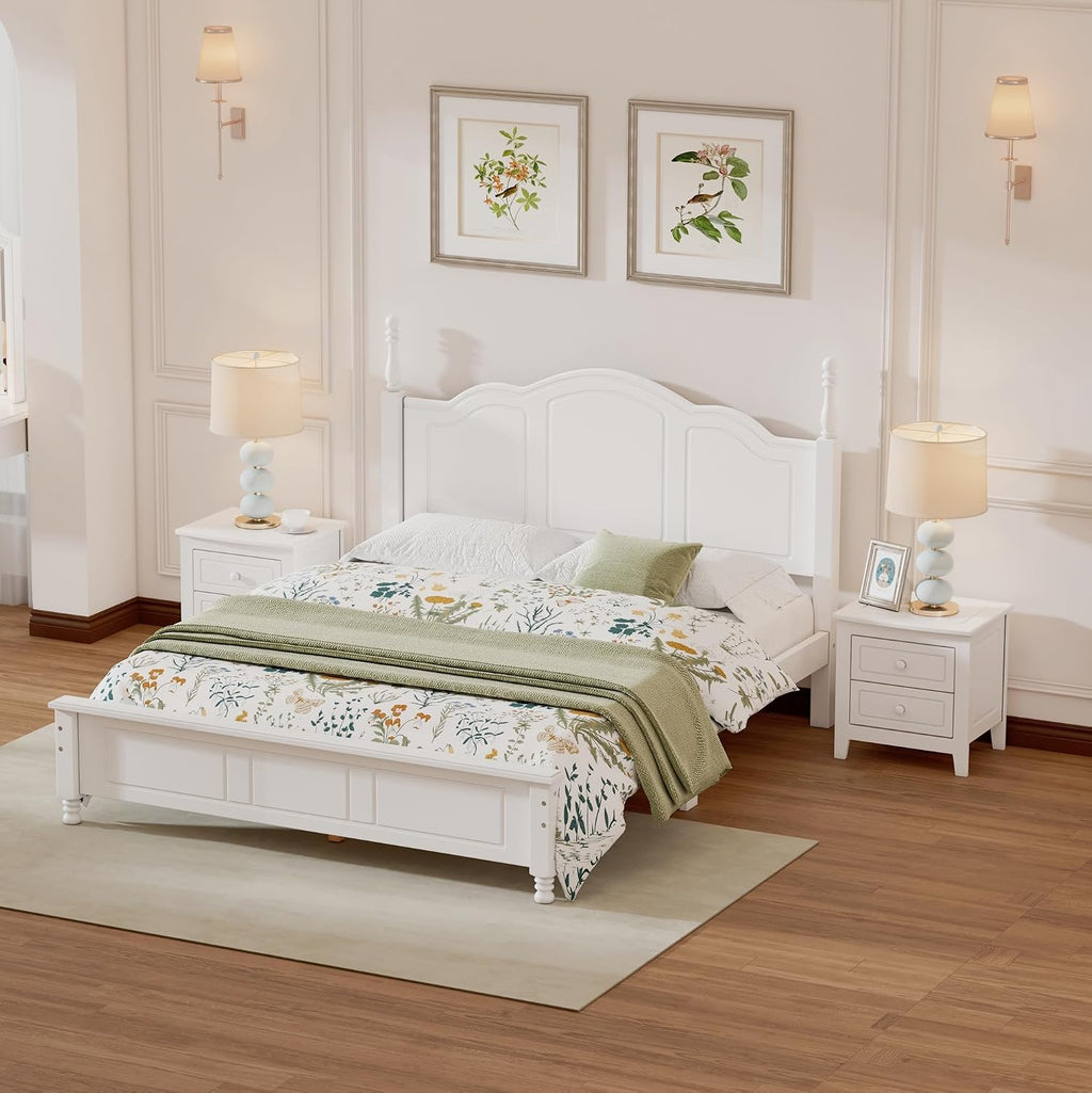 3-Pieces Bedroom Sets, Retro Style Queen Size Platform Bed with Wooden Slat Support and Headboard, Wooden Bedroom Furniture Set with 2 Nightstands for Kids Teens Adults Bedroom (White + Wood 063)