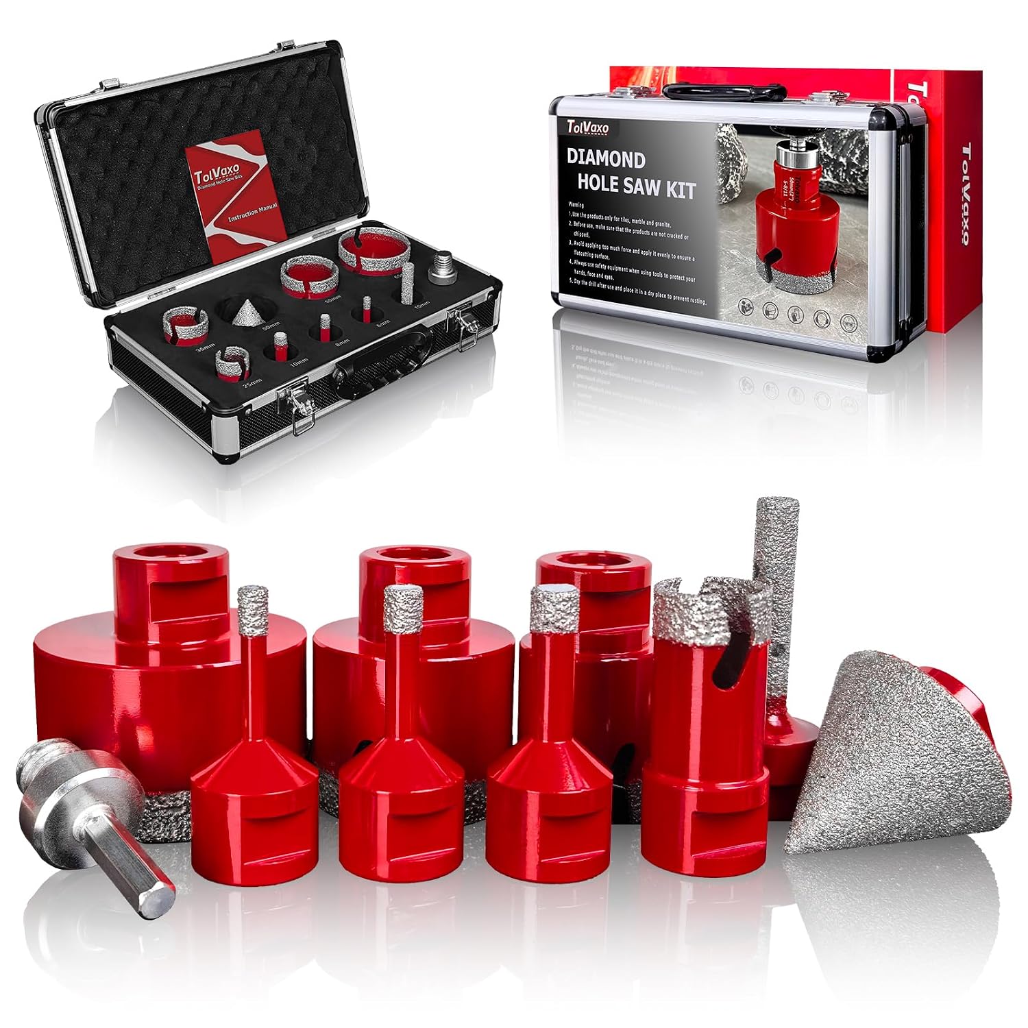 Diamond Hole Saw Kit, Tile Hole Saw Kit for Tile, Granite, Marble, Ceramic and More Drilling, 10pcs Tile Drill Bits 6/8/10/25/35/50/65mm