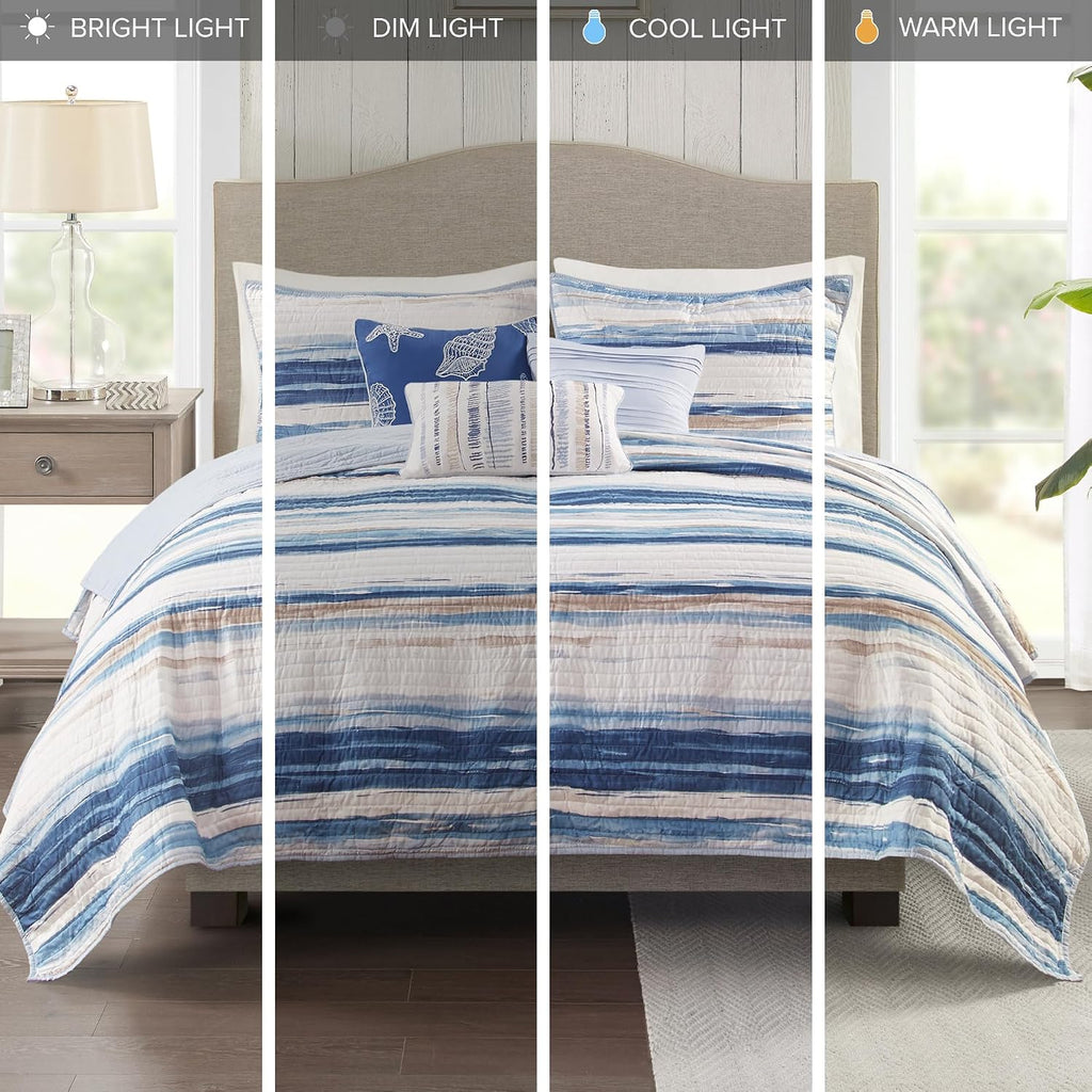 Madison Park Marina Comforter Quilt Combo Set - Modern Luxury Design, All Season Down Alternative Bedding, Matching Shams, Decorative Pillows, King/Cal King(104'x92') Seersucker Blue 8 Piece