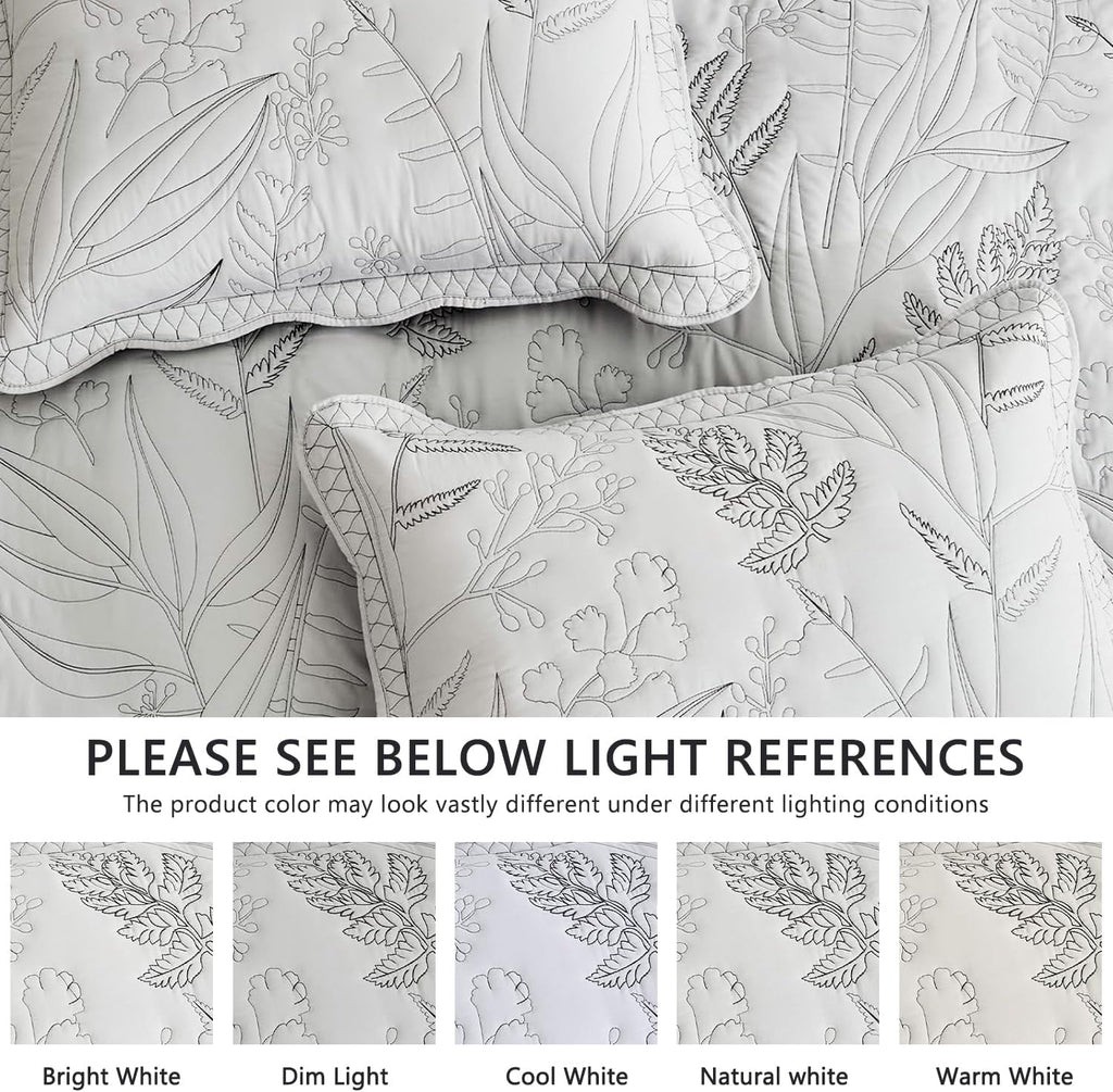 DaisyHuang Botanical Oversized Bedspread Queen Size - Leaves Pattern Stitching Quilt Set - Elegant & Fresh Style Bedding Coverlets, Reversible, Lightweight, 5 Piece, Grey