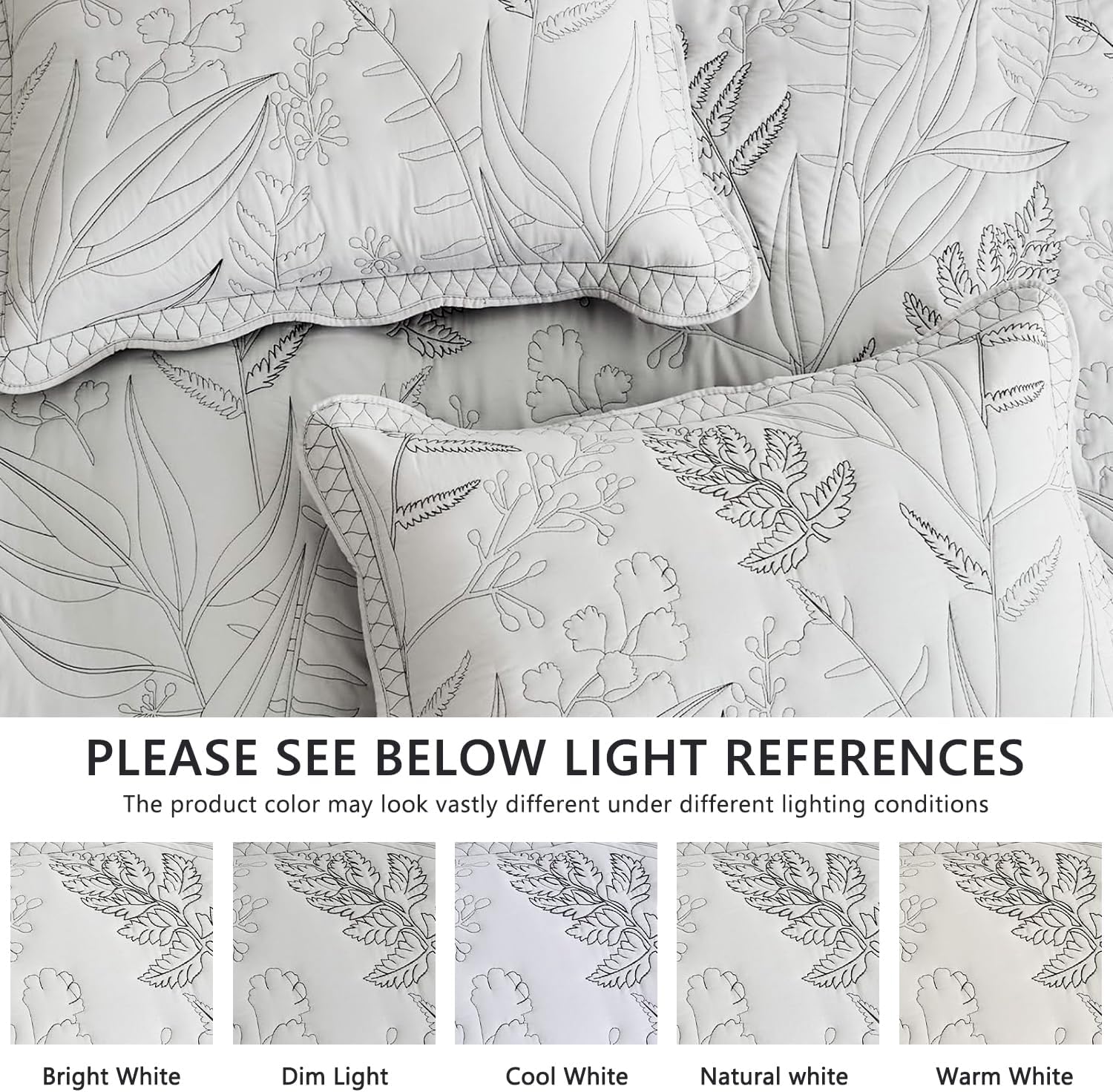 DaisyHuang Botanical Oversized Bedspread Queen Size - Leaves Pattern Stitching Quilt Set - Elegant & Fresh Style Bedding Coverlets, Reversible, Lightweight, 5 Piece, Grey