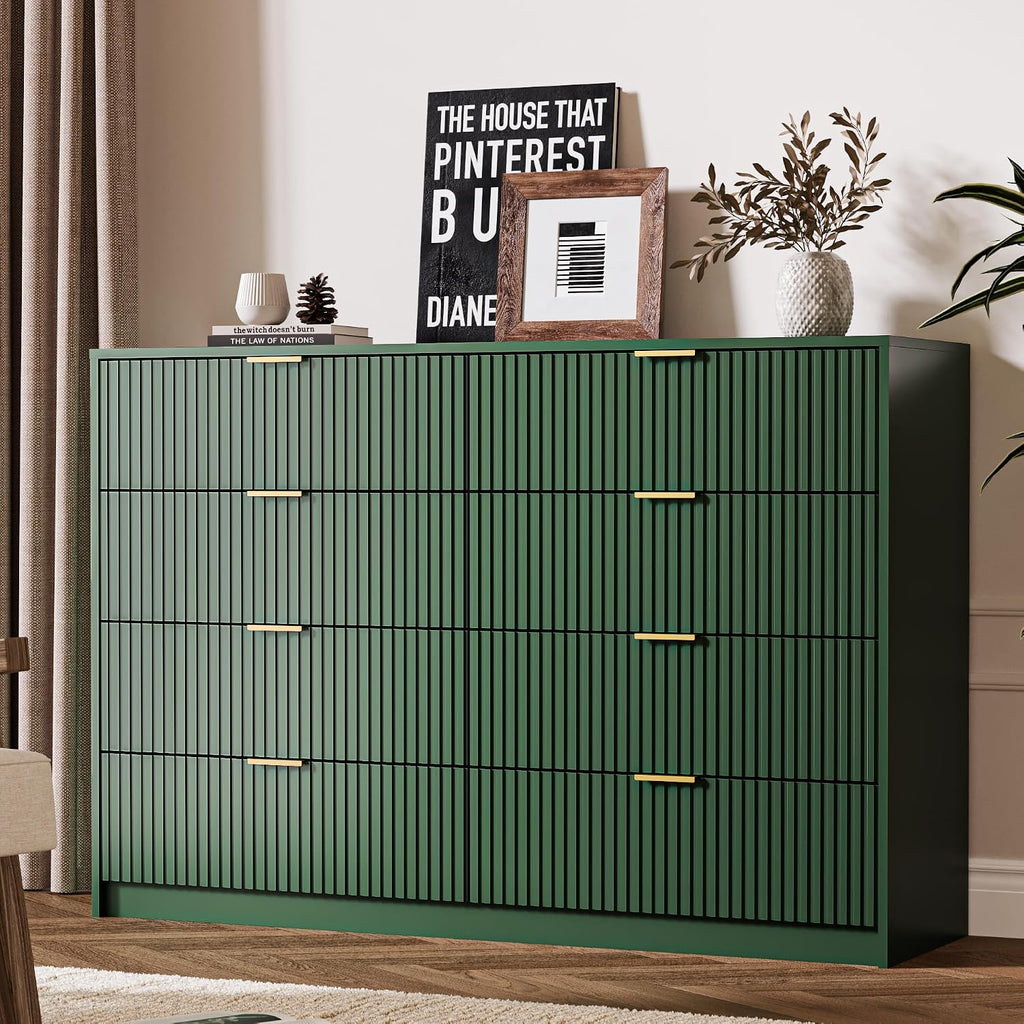 MAISONARIA 3-Piece Dresser Bedroom Set, 8 Drawer Dresser & 3 Drawer Nightstands with Gold Handles, Fluted Wood Chest of Drawers for Bedroom, Living Room, Entryway, Green