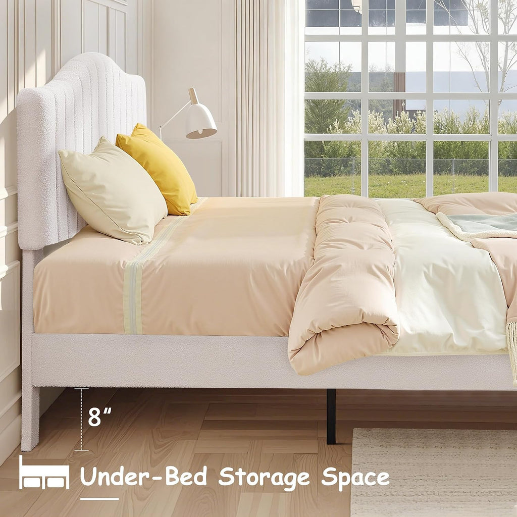 VECELO Twin Bed Frame Upholstered Platform Bed Frame with Height Adjustable Teddy Fabric Headboard, Strong Wood Slats Supports 7.9'' Under Bed Space Noise Free No Box Spring Needed, Beige