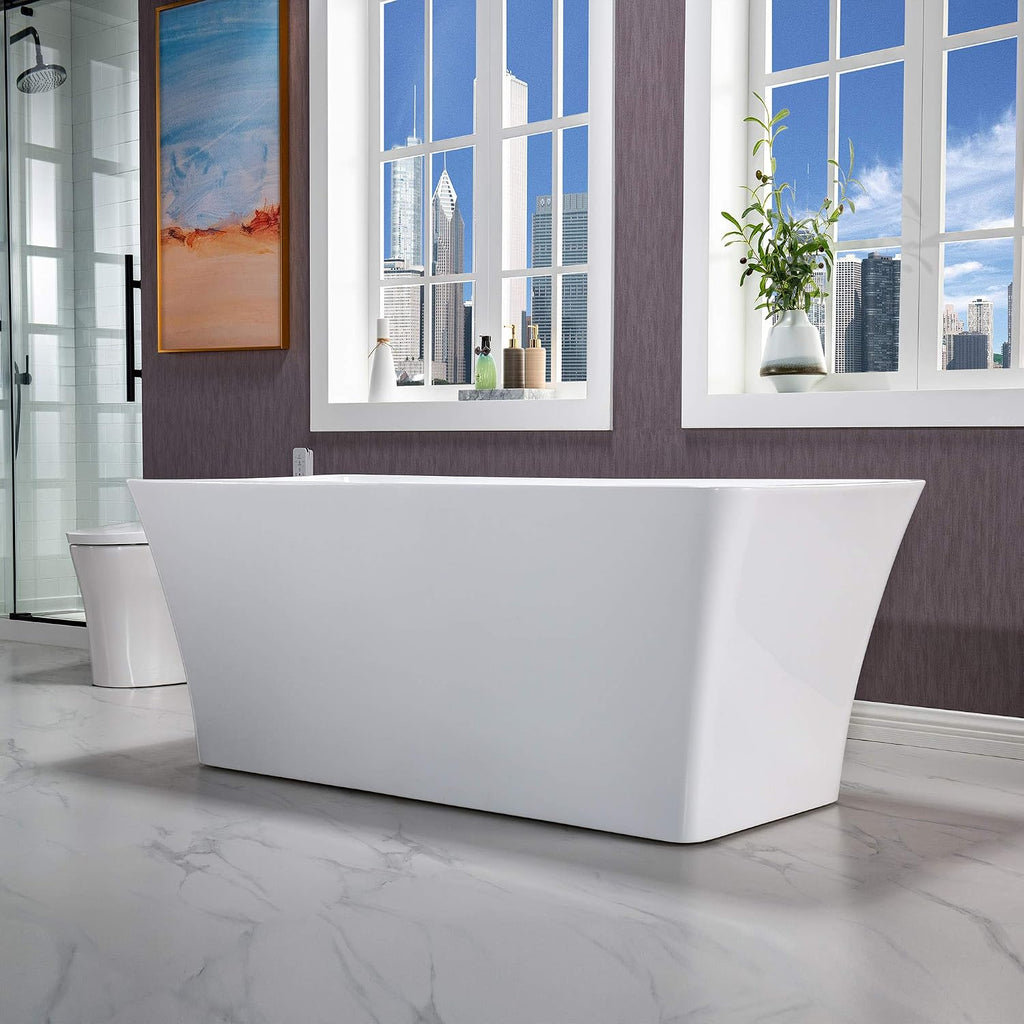 WOODBRIDGE 59' Acrylic Freestanding Bathtub Contemporary Soaking White Tub with Matte Black Overflow and Drain，BTA1509 -MB-Drain &O