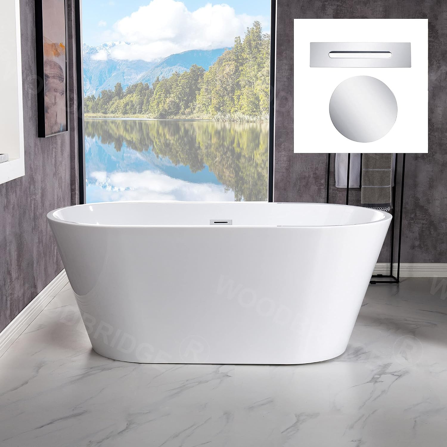 WOODBRIDGE 54'Freestanding White Acylic Soaking Bathtub with Chrome Drain and Overflow,BTA1702-C-Drain&O