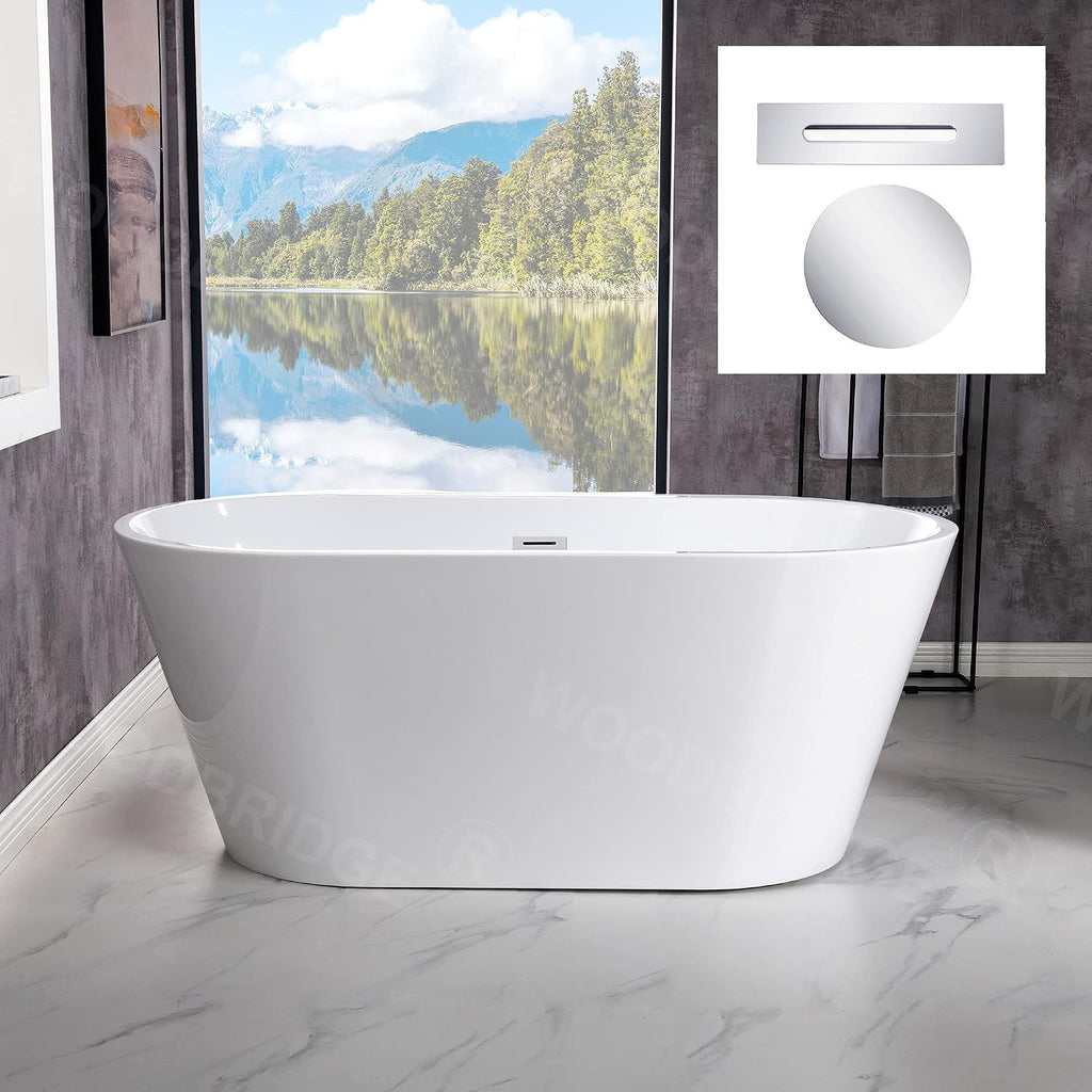 WOODBRIDGE White 54' Acrylic Freestanding Bathtub Contemporary Soaking Tub with Chrome Overflow and Drain, Without Faucet, BTA1702-C-Drain & O