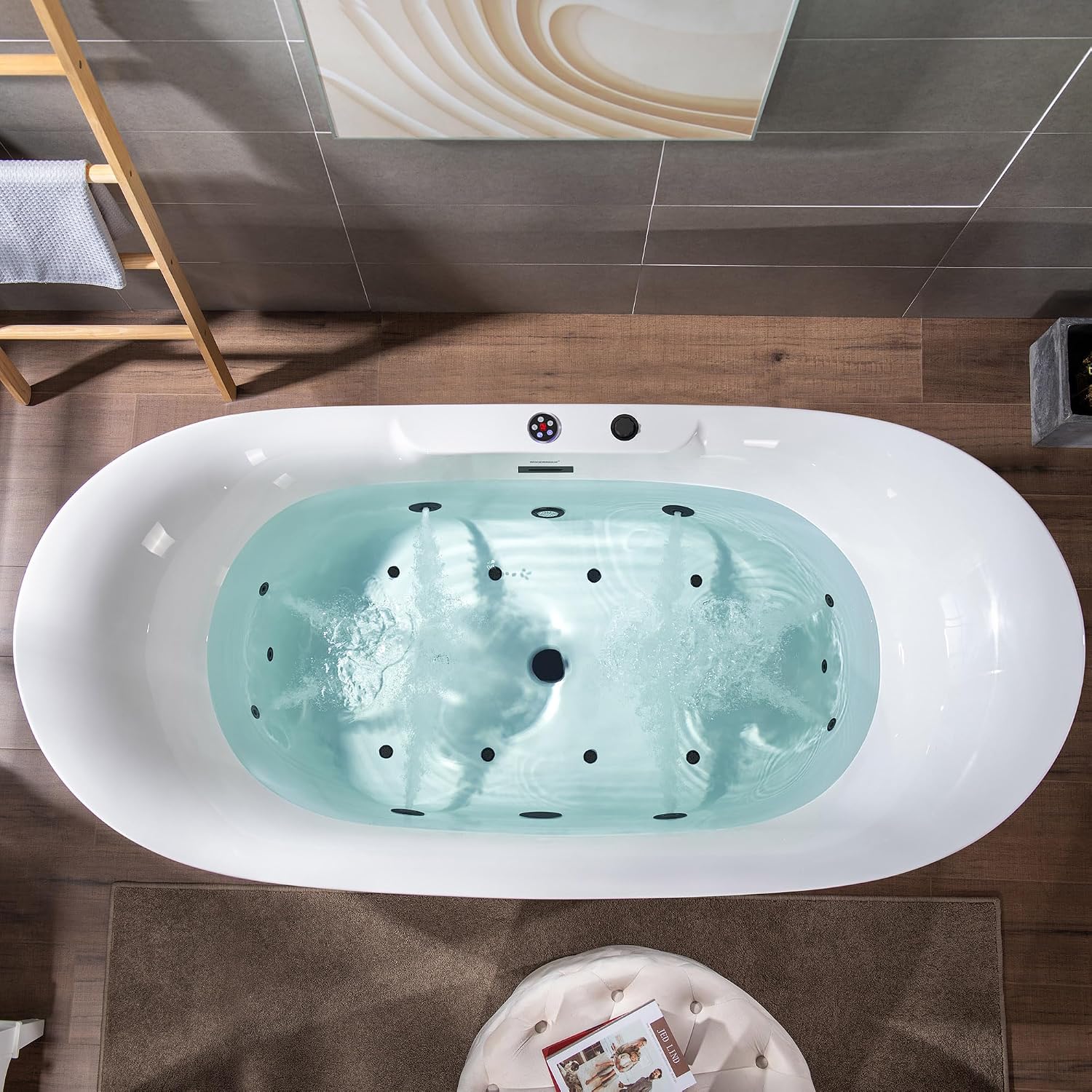 WOODBRIDGE 72' x 35-3/8' Whirlpool Water Jetted and Air Bubble Freestanding Heated Soaking Combination Bathtub with LED control panel,Matte Black drain and overflow,BM-400